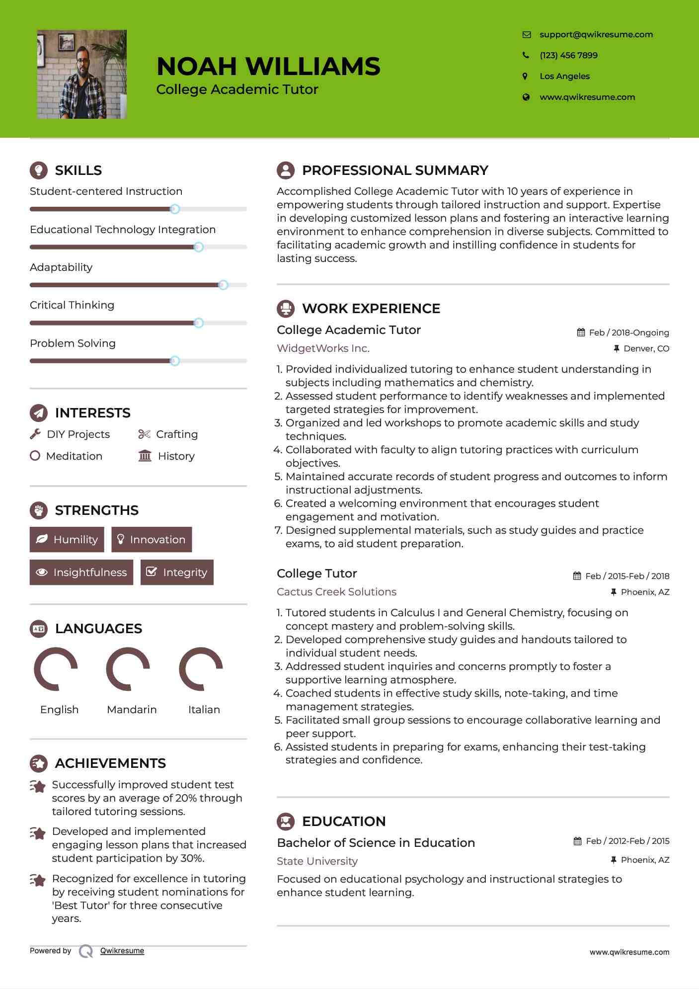 College Tutor Resume Samples | QwikResume