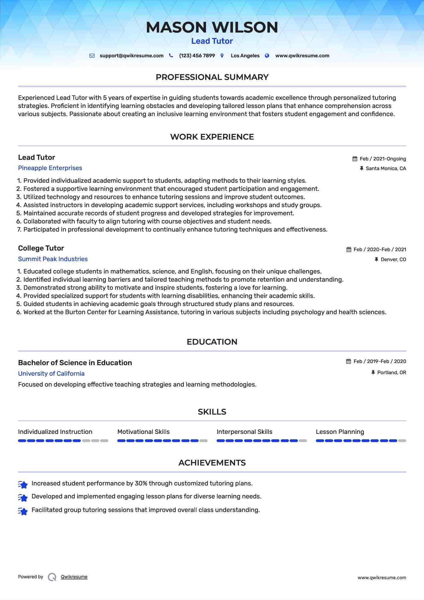 Lead Tutor Resume Format