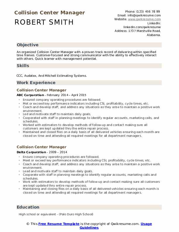 Collision Center Manager Resume Samples QwikResume