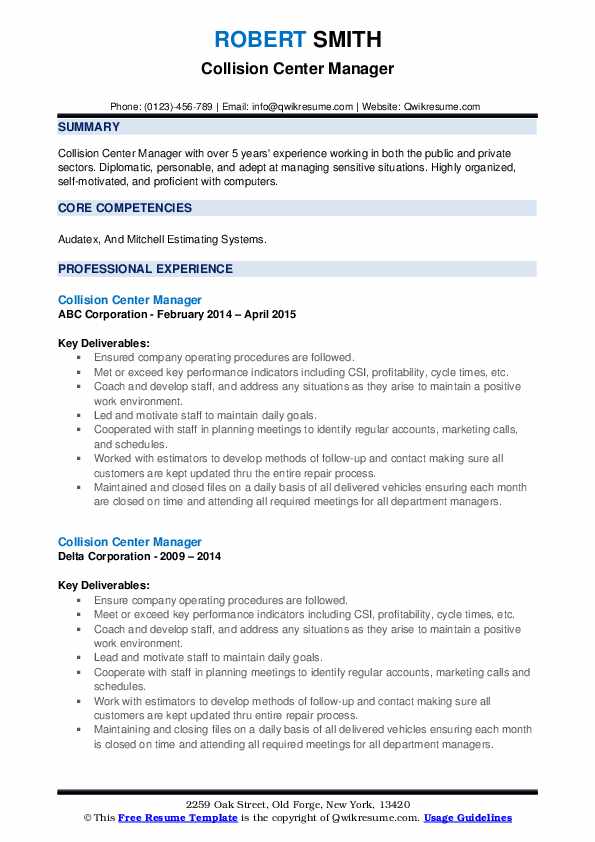 collision-center-manager-resume-samples-qwikresume