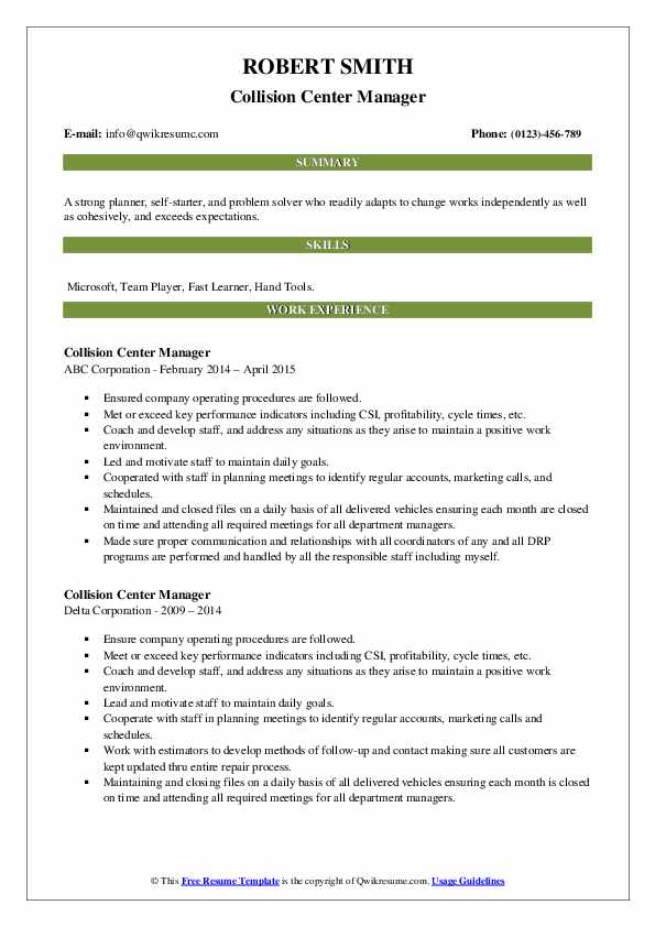 Collision Center Manager Resume Samples QwikResume