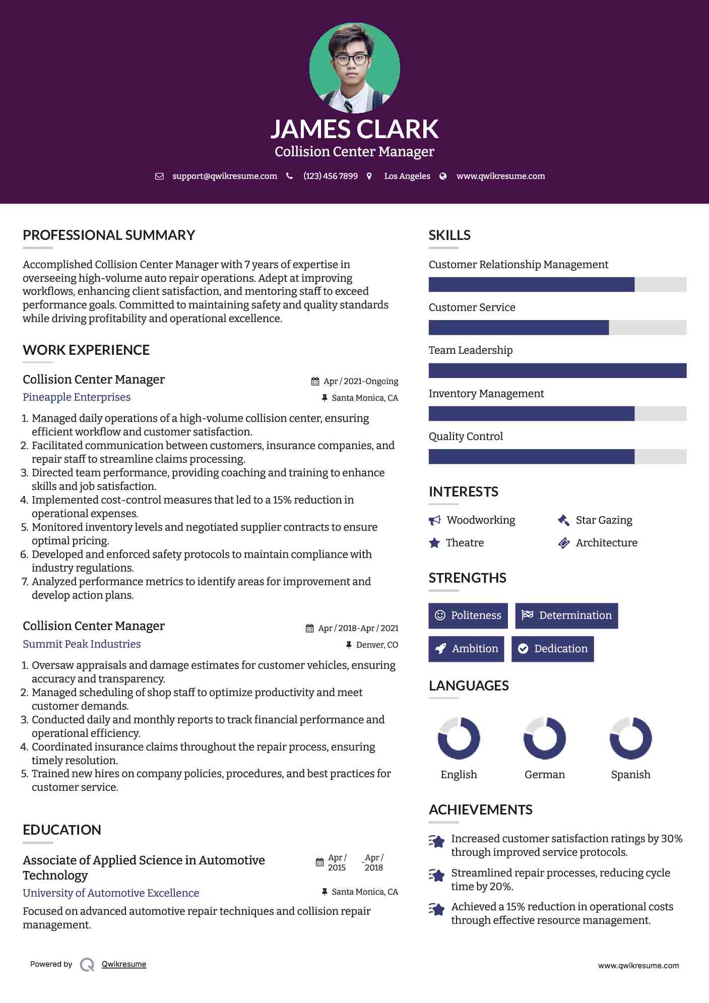 Collision Center Manager Resume Sample