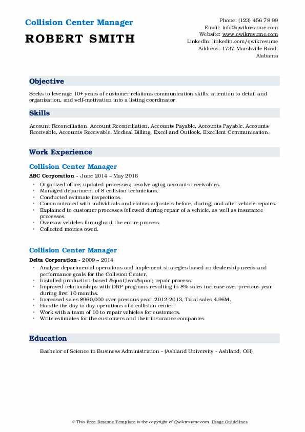 Collision Center Manager Resume Samples QwikResume