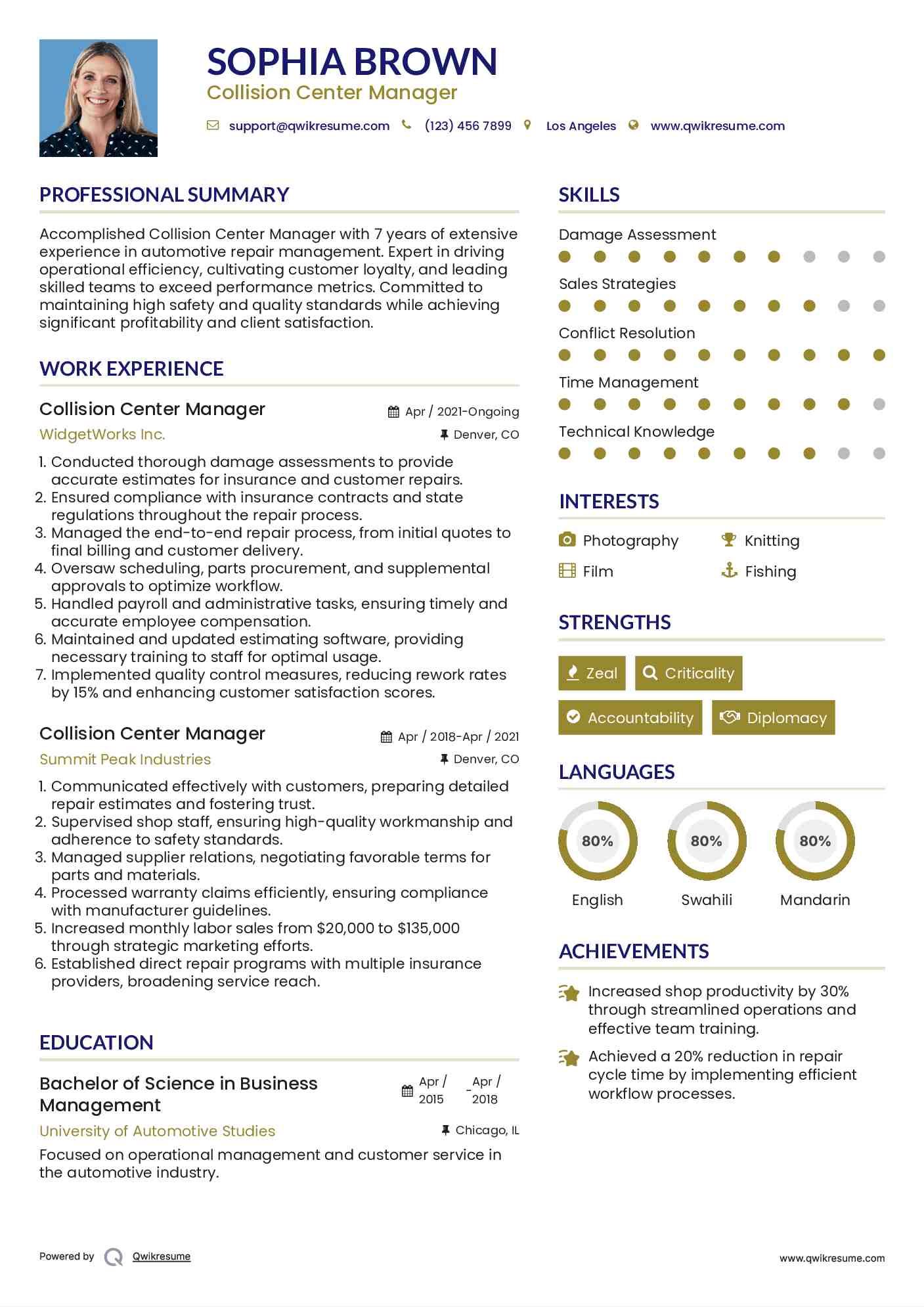 Collision Center Manager Resume Model