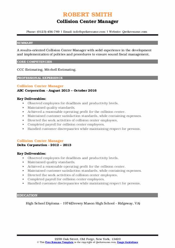 Collision Center Manager Resume Samples QwikResume