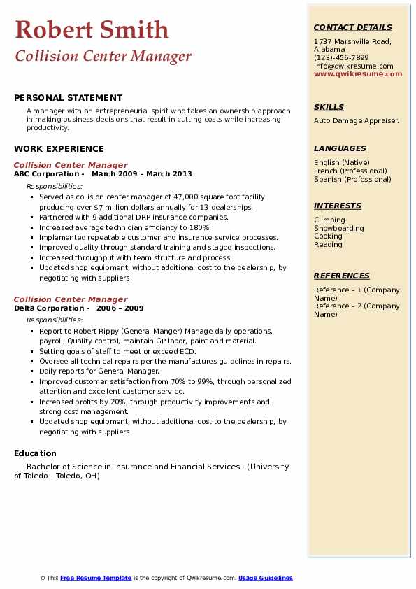 Collision Center Manager Resume Samples QwikResume