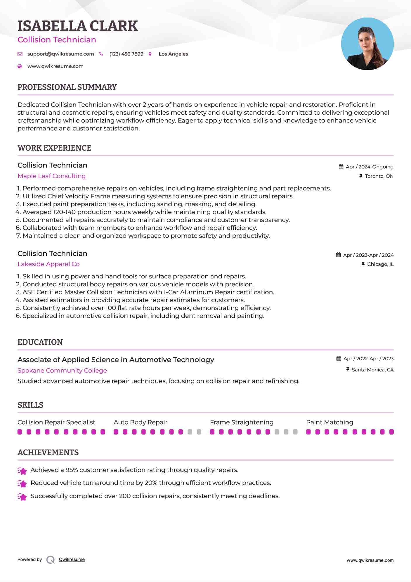 Collision Technician Resume Example