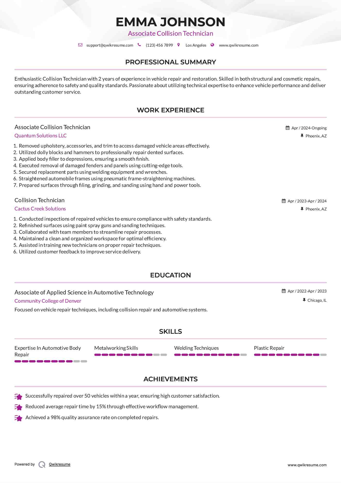 Associate Collision Technician Resume Model