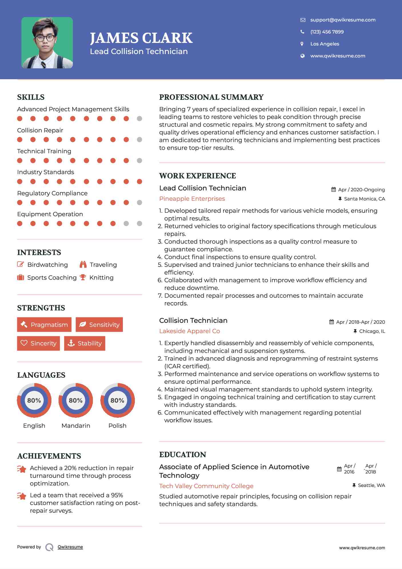 Lead Collision Technician Resume Template