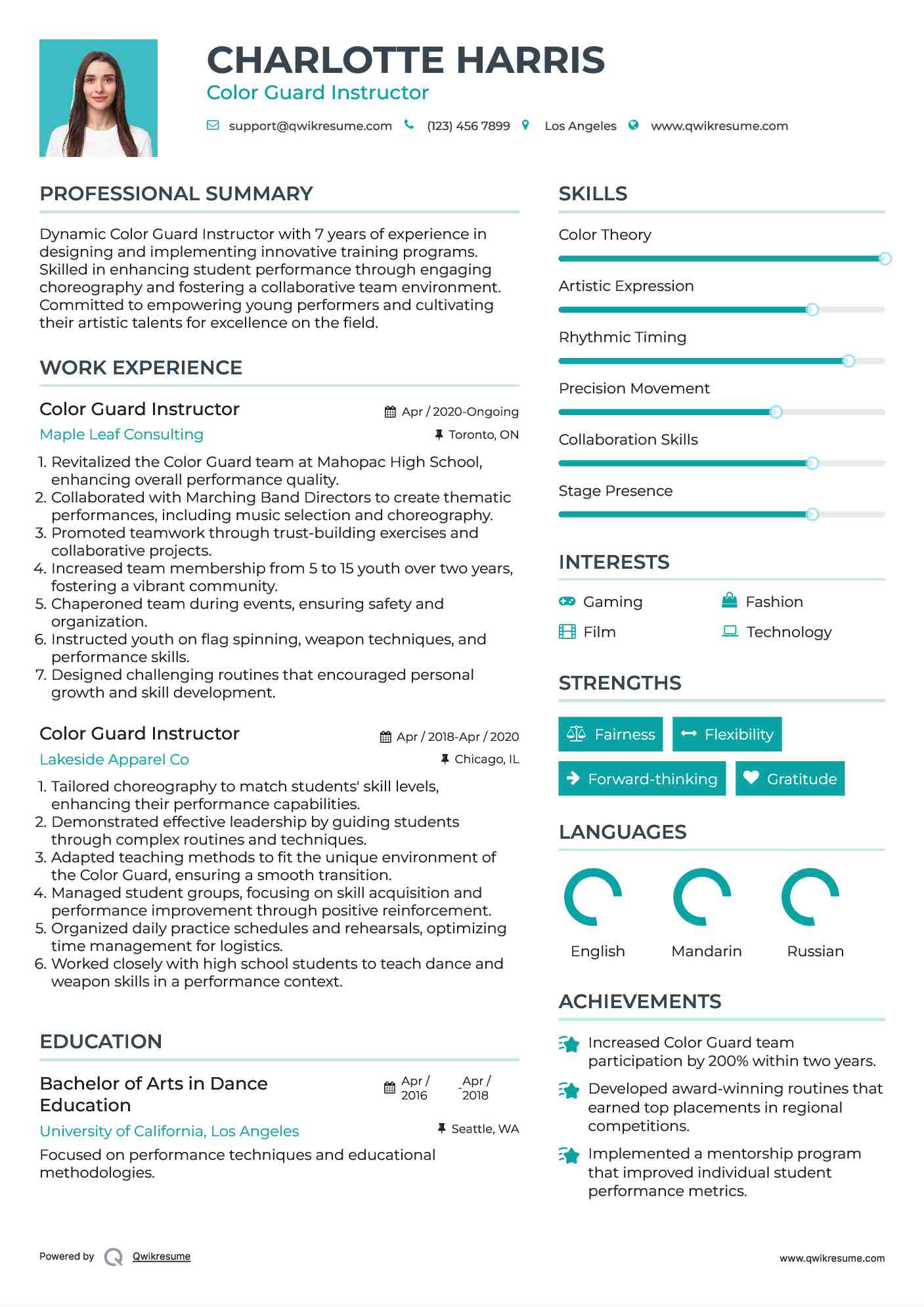 Color Guard Instructor Resume Example