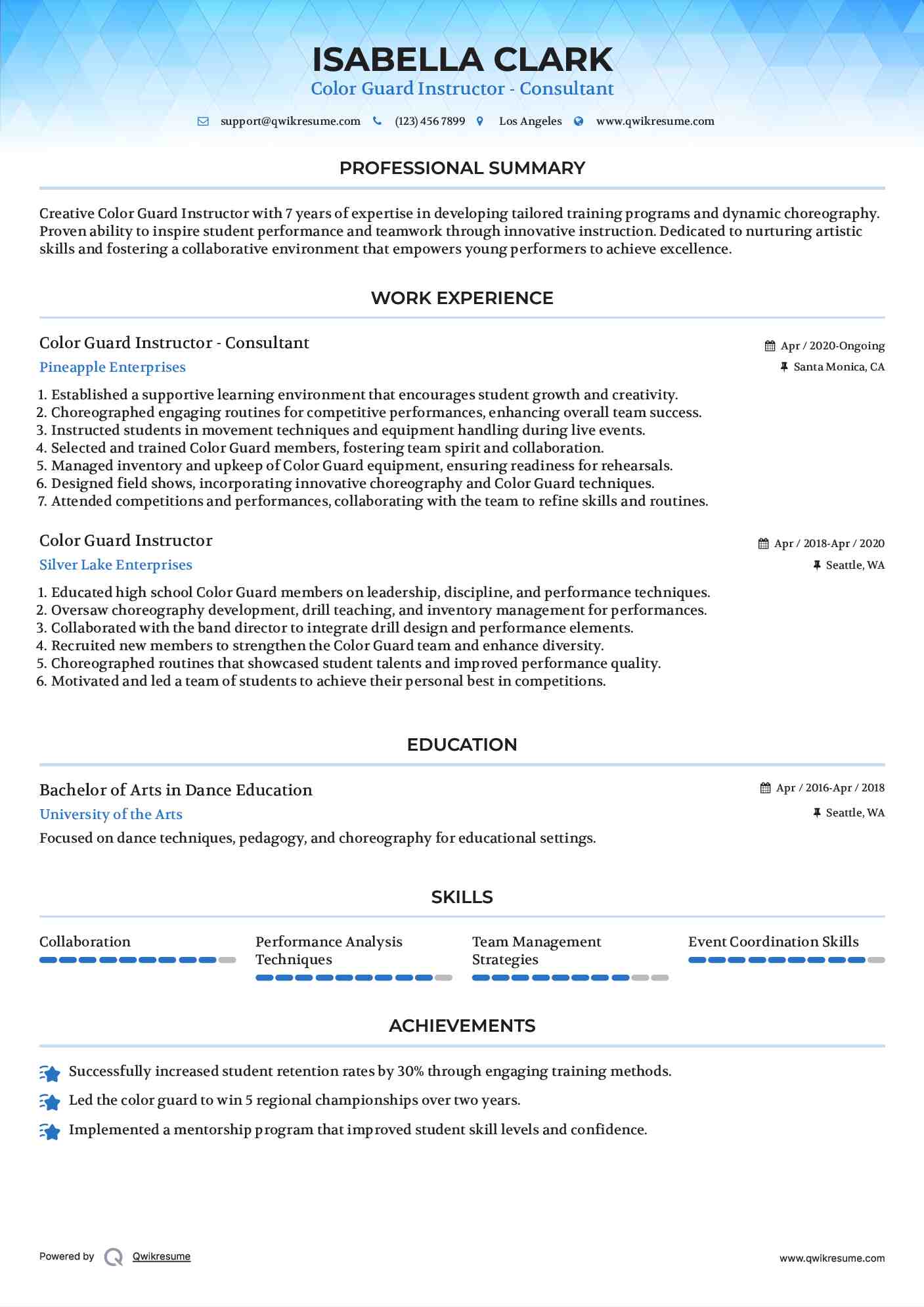 Color Guard Instructor Resume Samples QwikResume