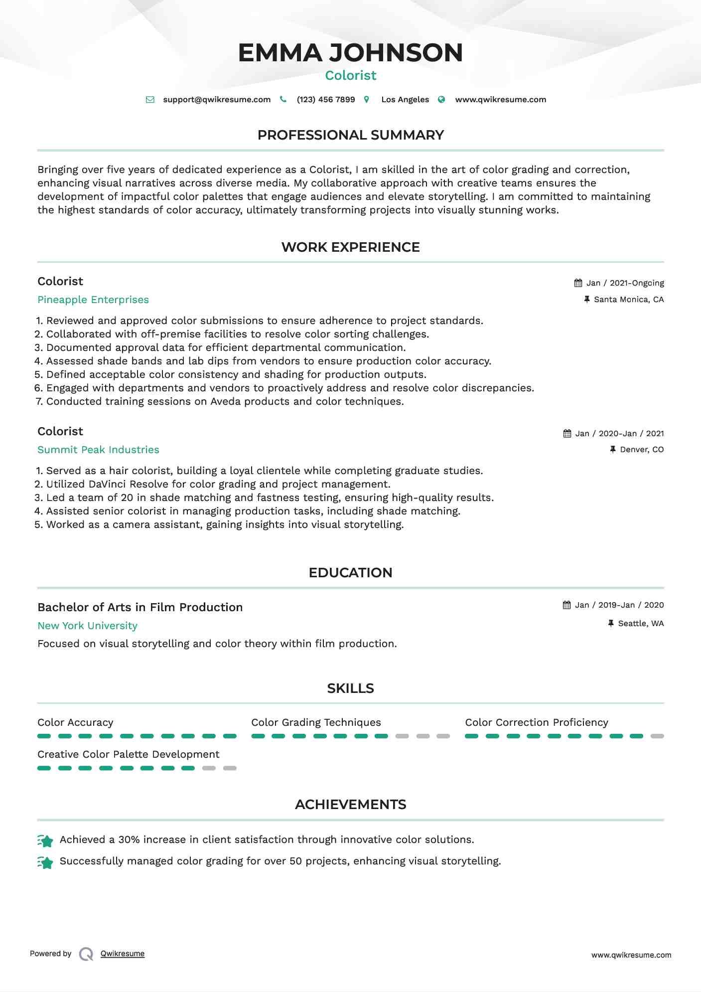 Colorist Resume Model