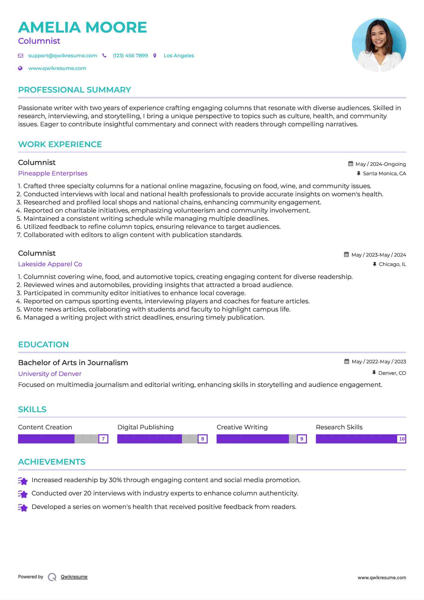 Columnist Resume Format