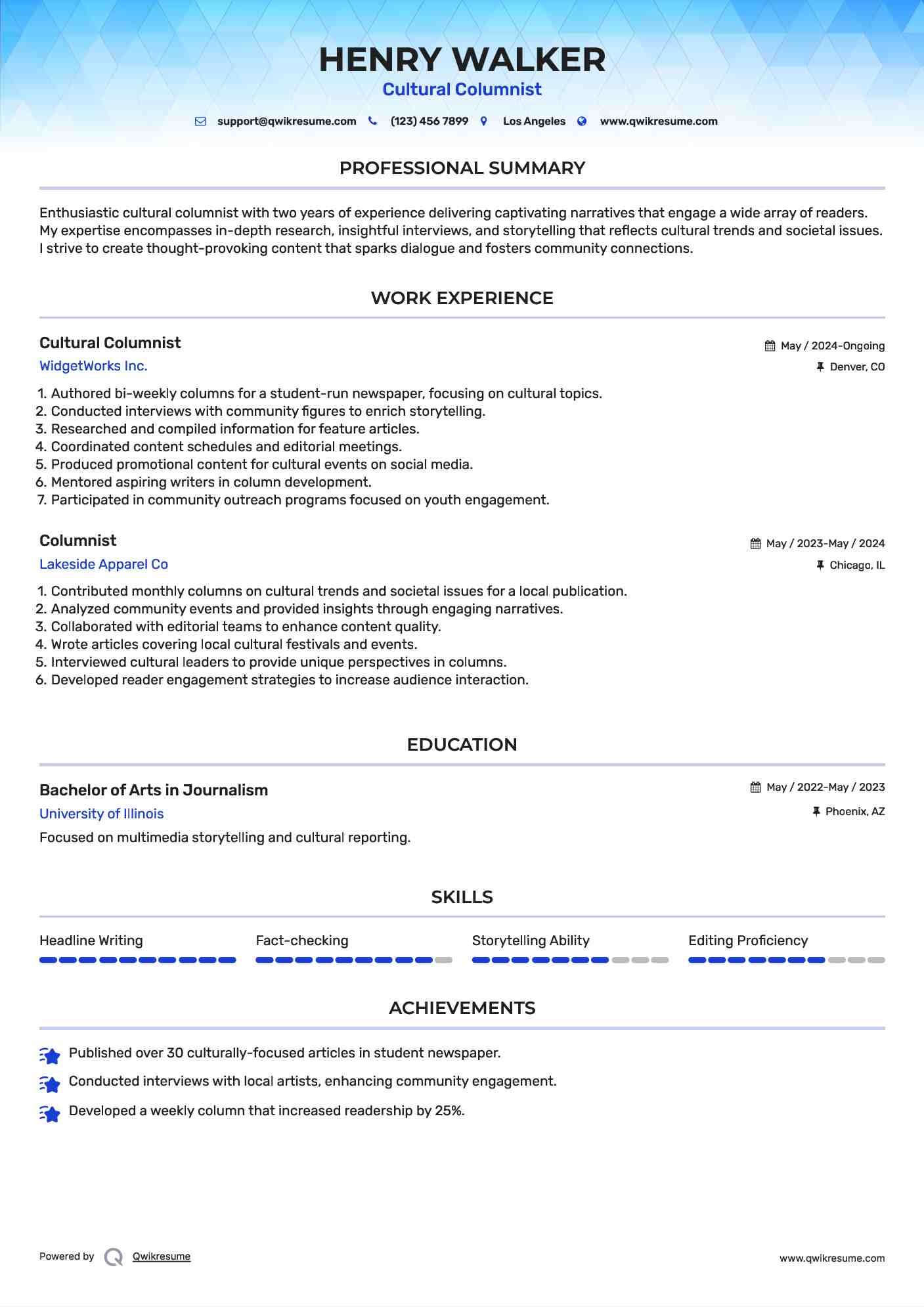 Cultural Columnist Resume Example