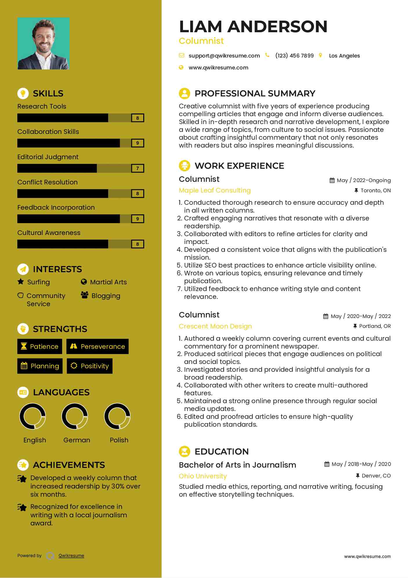 Columnist Resume Model