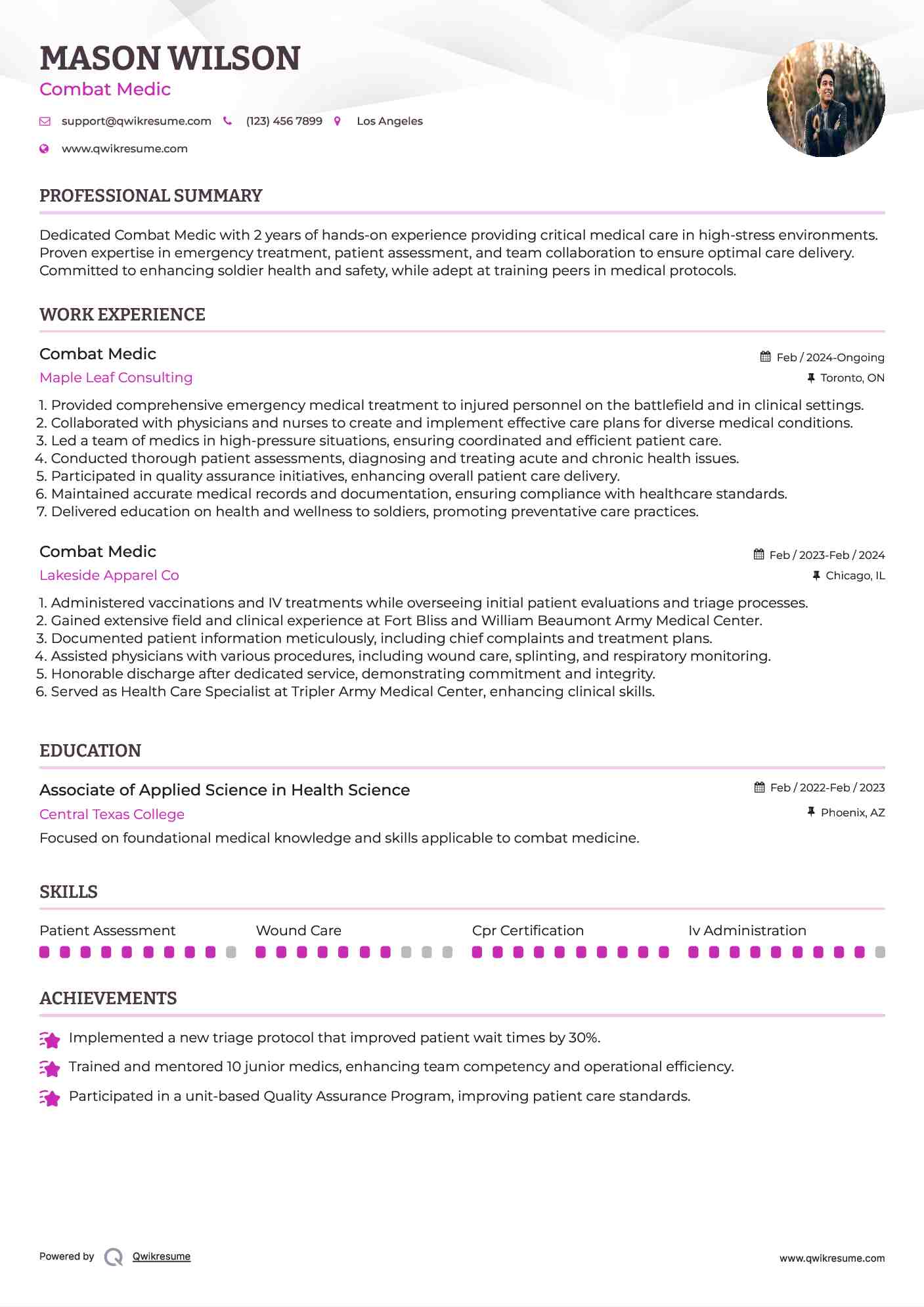 Combat Medic Resume Template