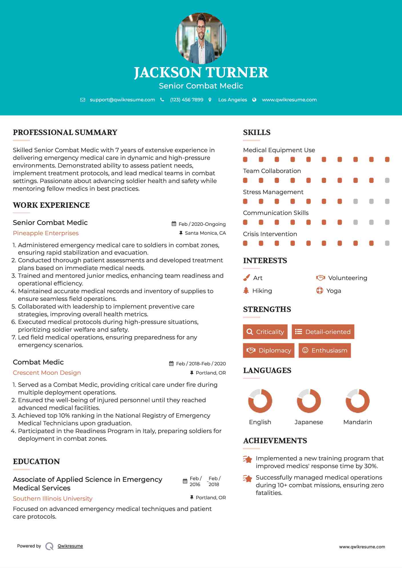 Senior Combat Medic Resume Model