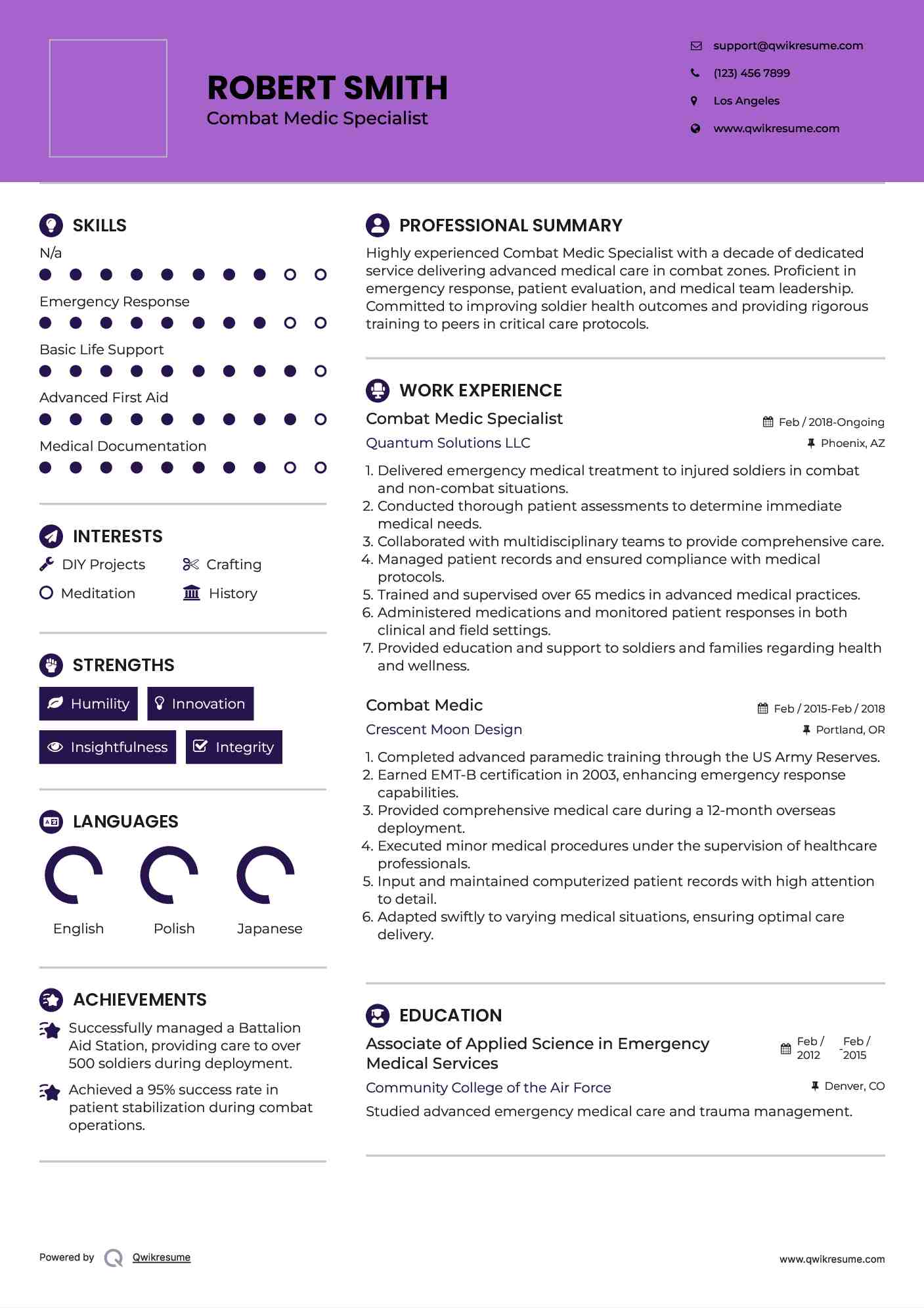 Combat Medic Specialist Resume Sample