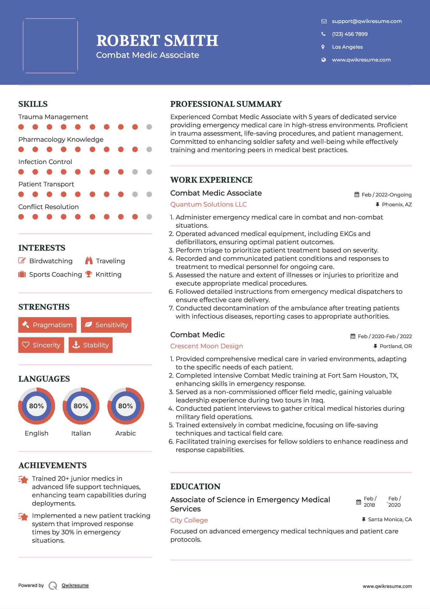 Combat Medic Associate Resume Example