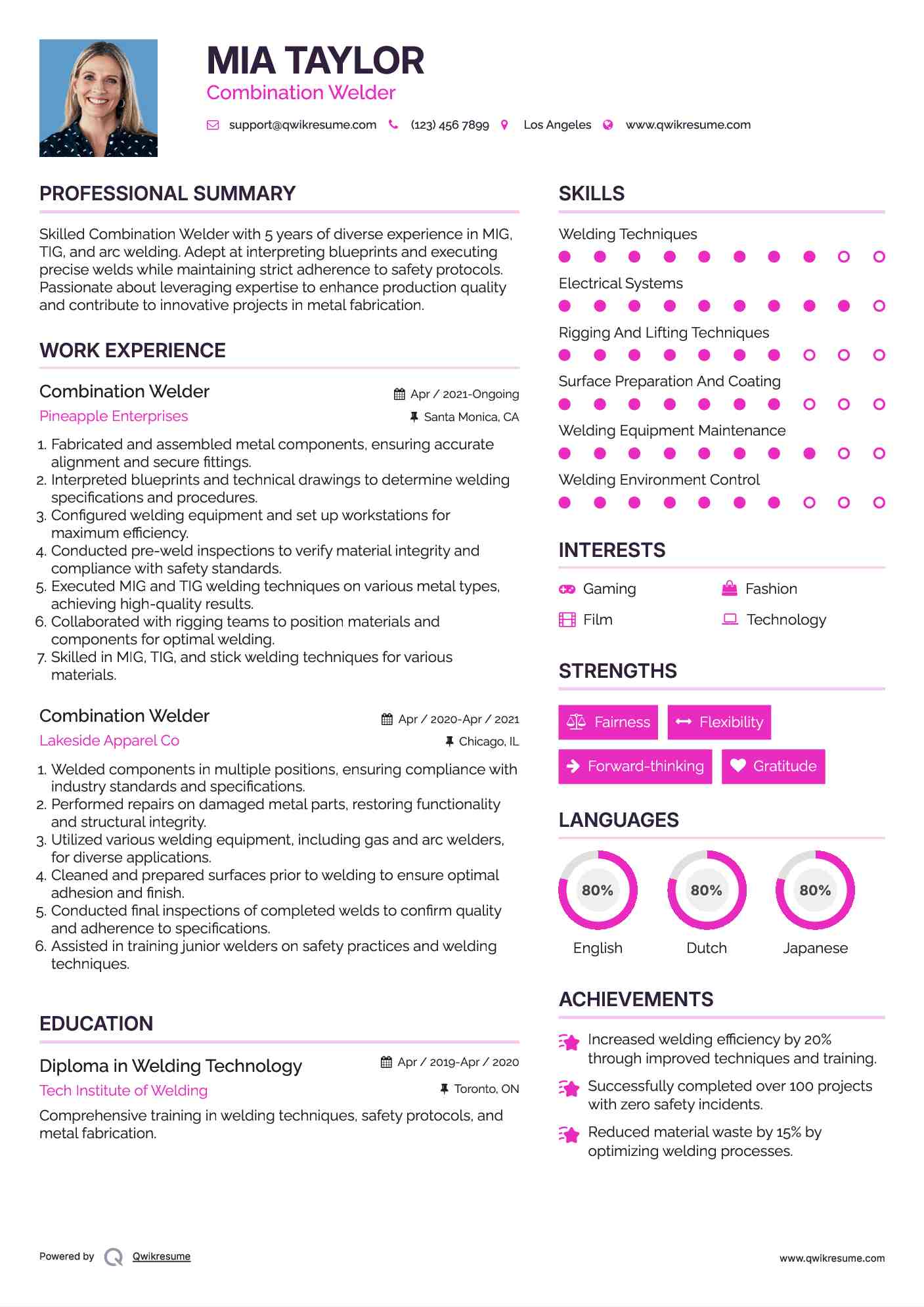 Combination Welder Resume Sample