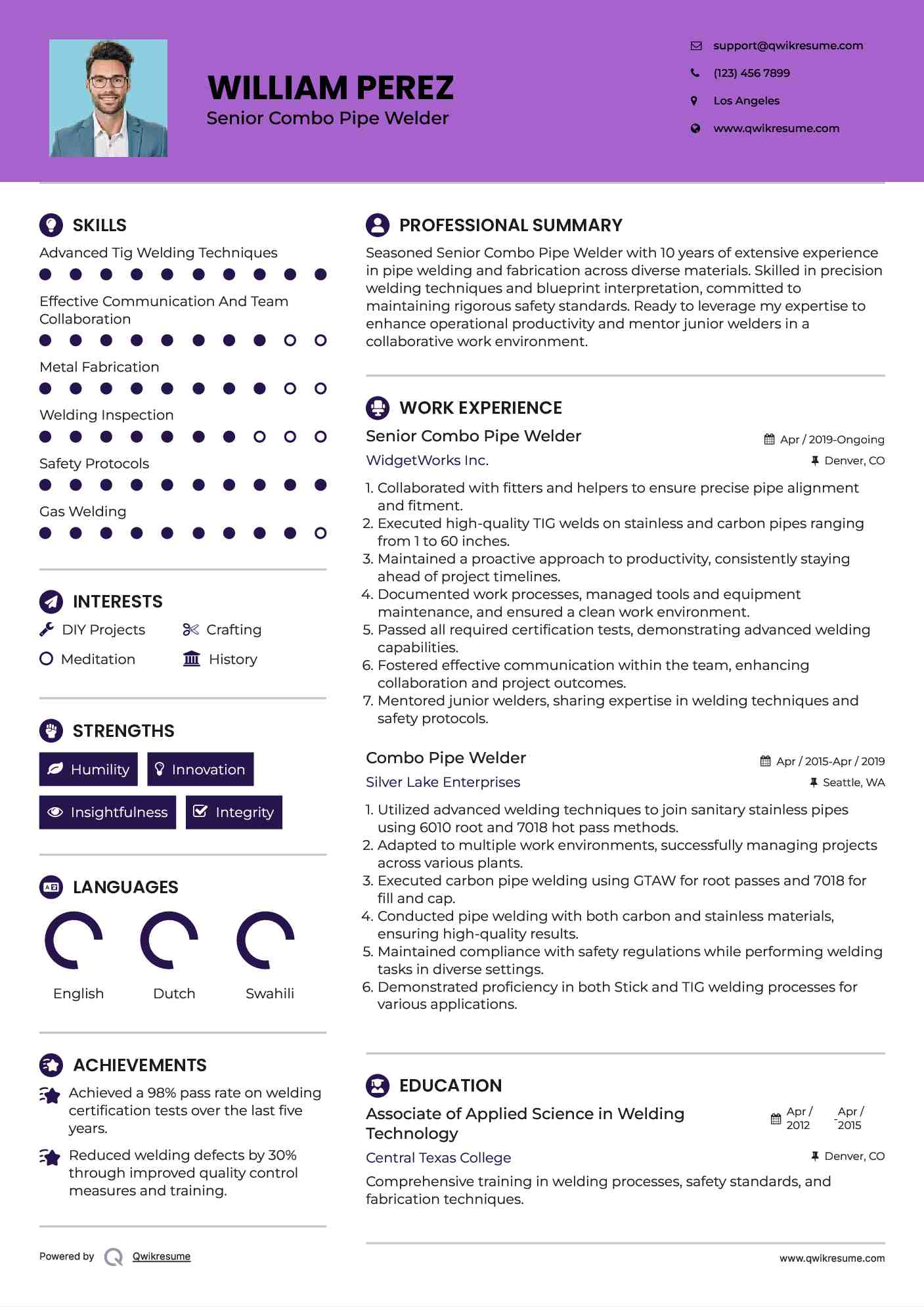 Senior Combo Pipe Welder Resume Model