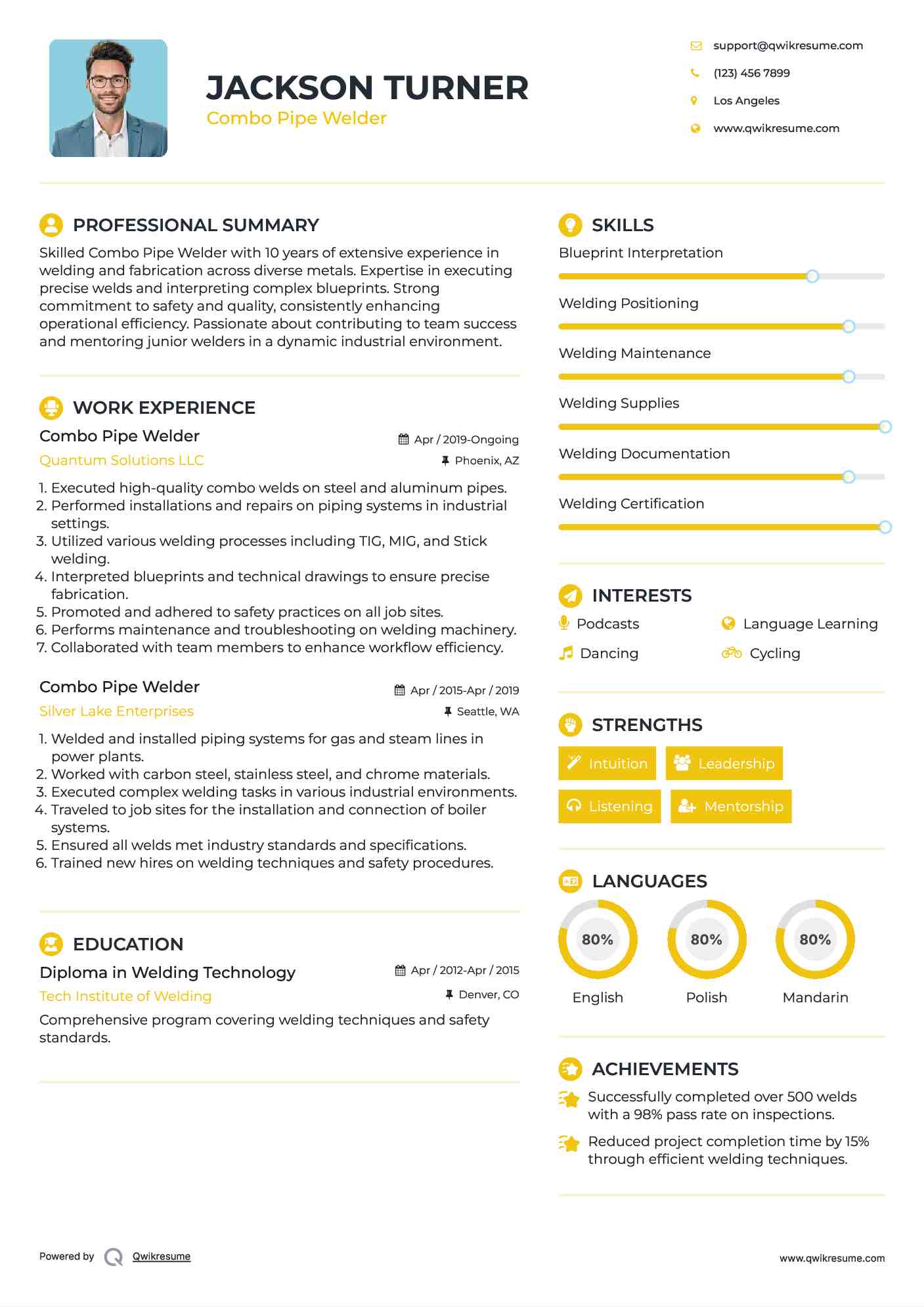 Combo Pipe Welder Resume Example