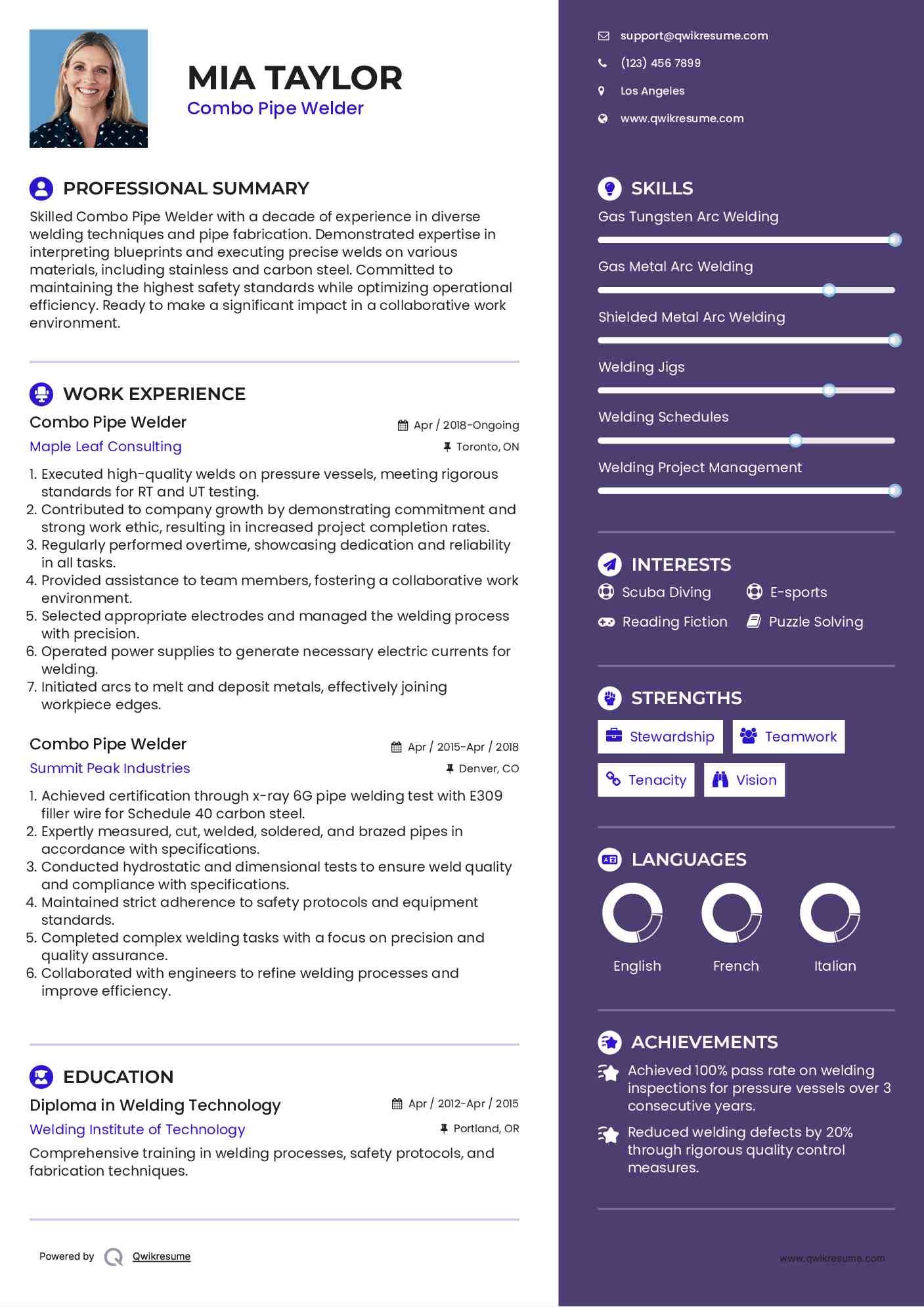Combo Pipe Welder Resume Example