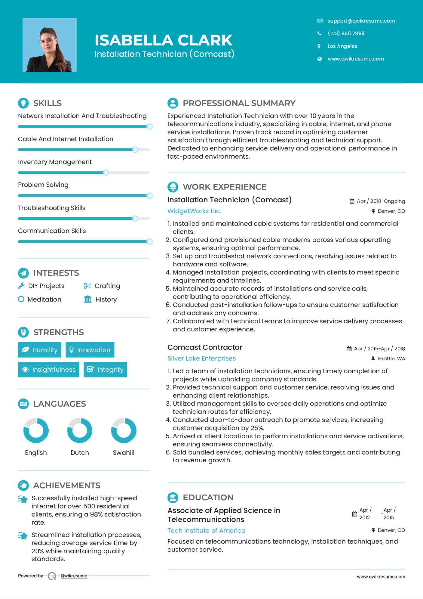 Installation Technician (Comcast) Resume Format