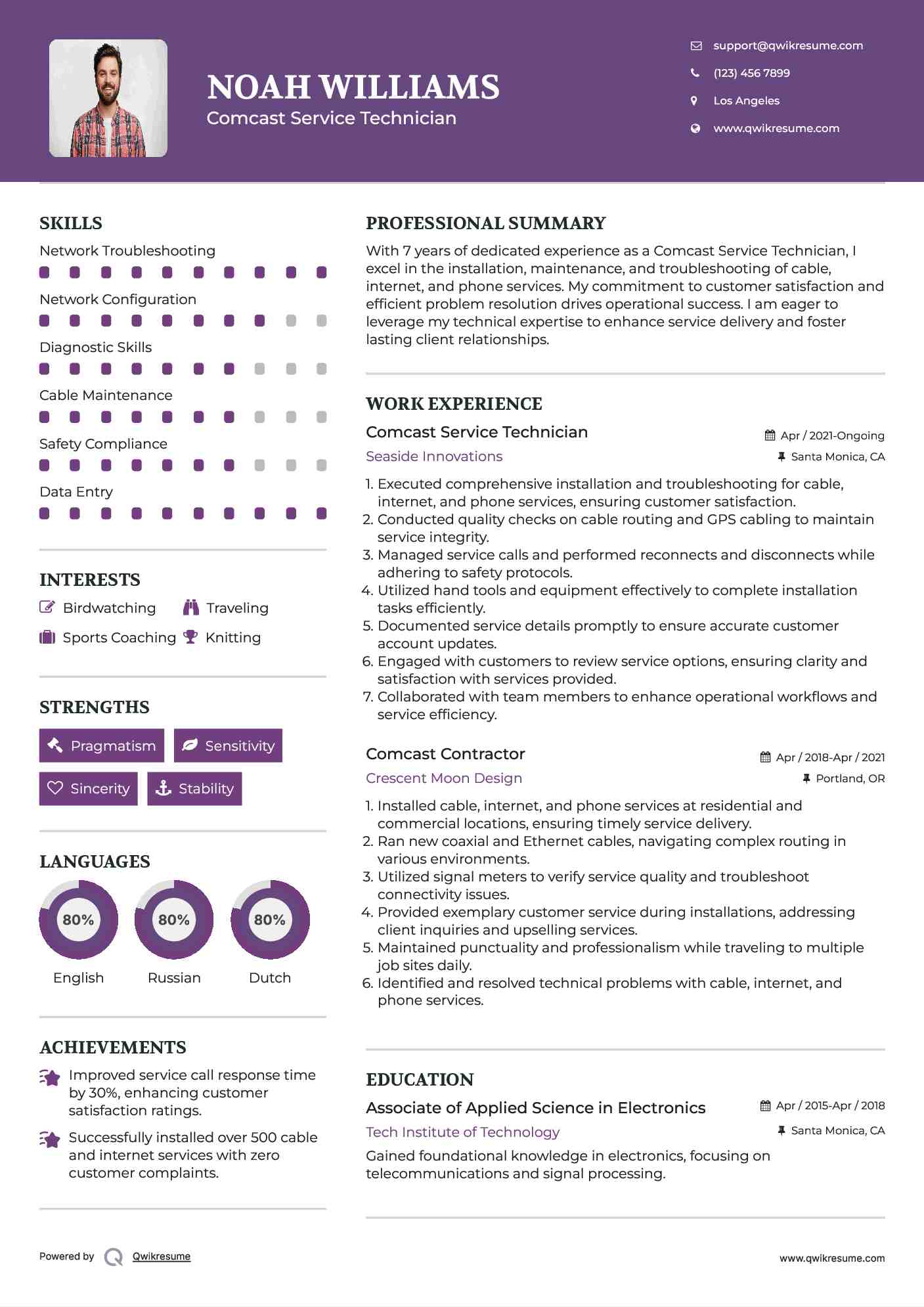 Comcast Service Technician Resume Model