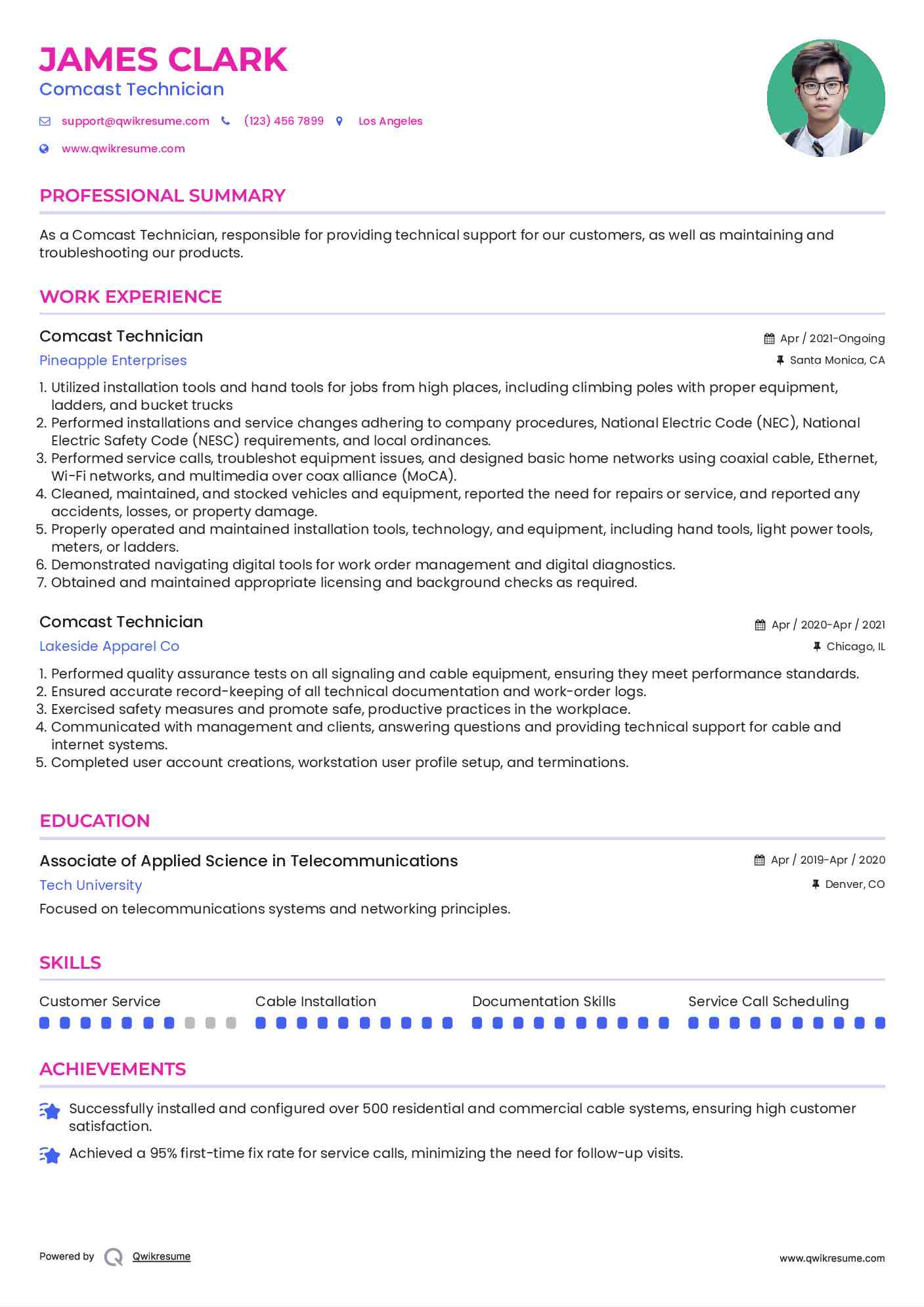 Comcast Technician Resume Example