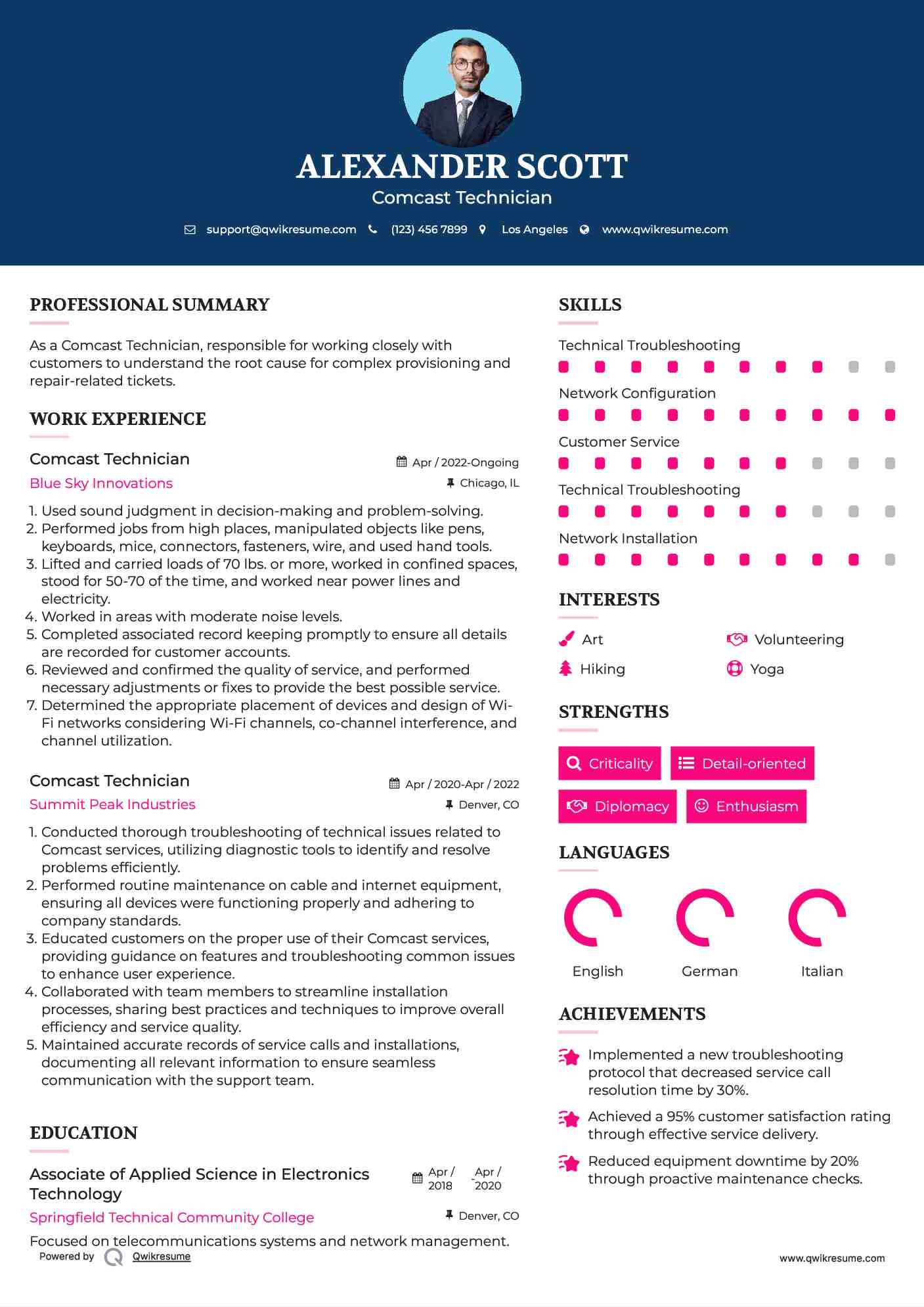 Comcast Technician Resume Model