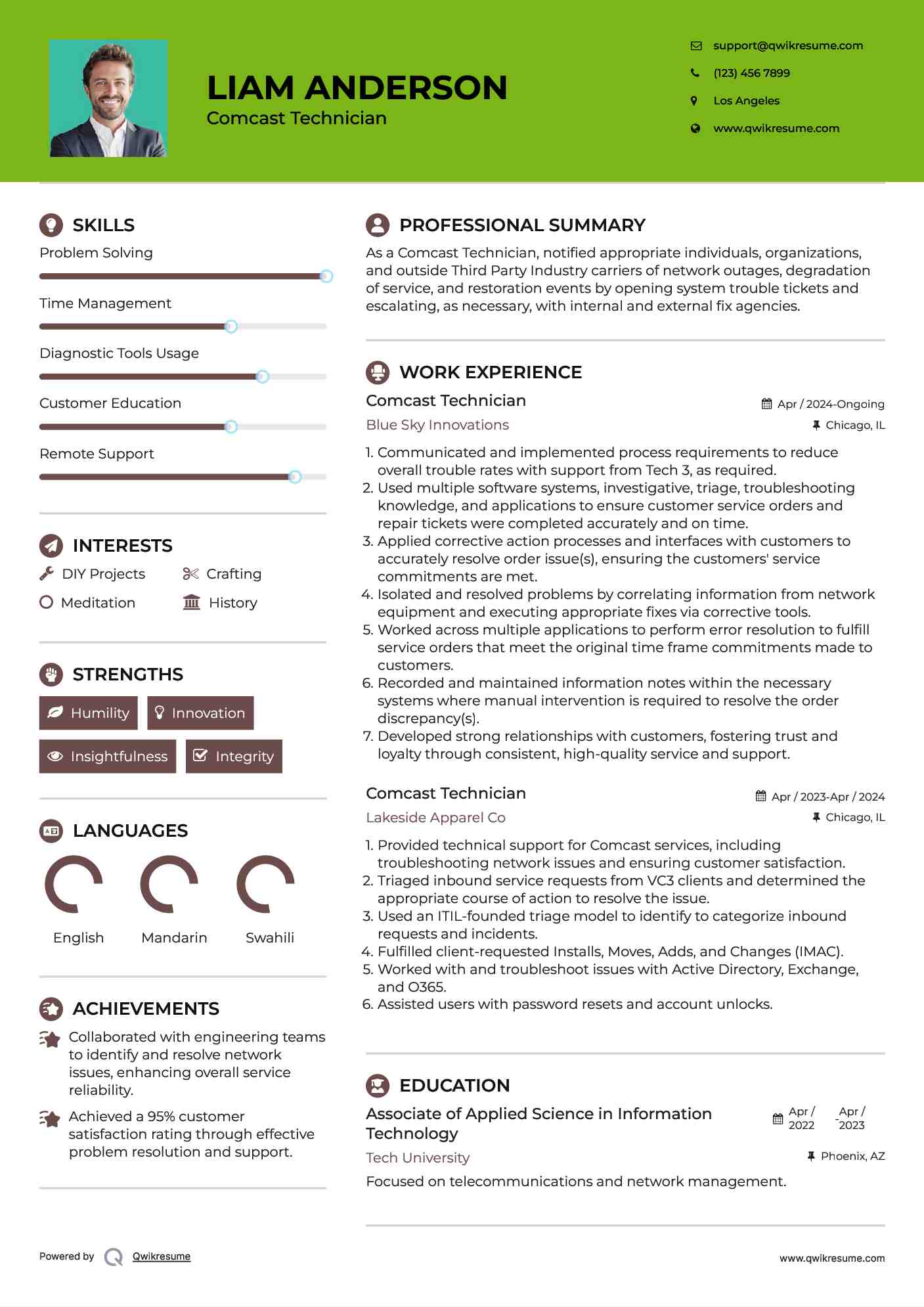 Comcast Technician Resume Model