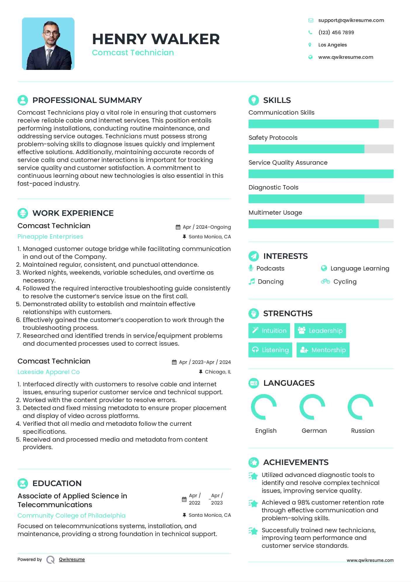 Comcast Technician Resume Sample