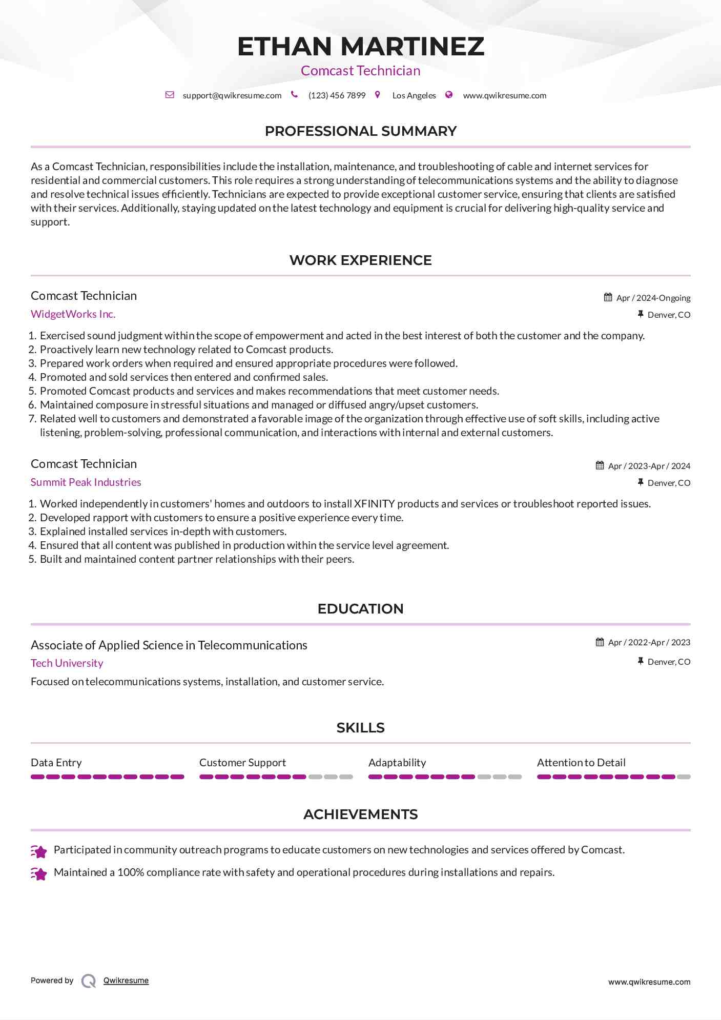 Comcast Technician Resume Sample