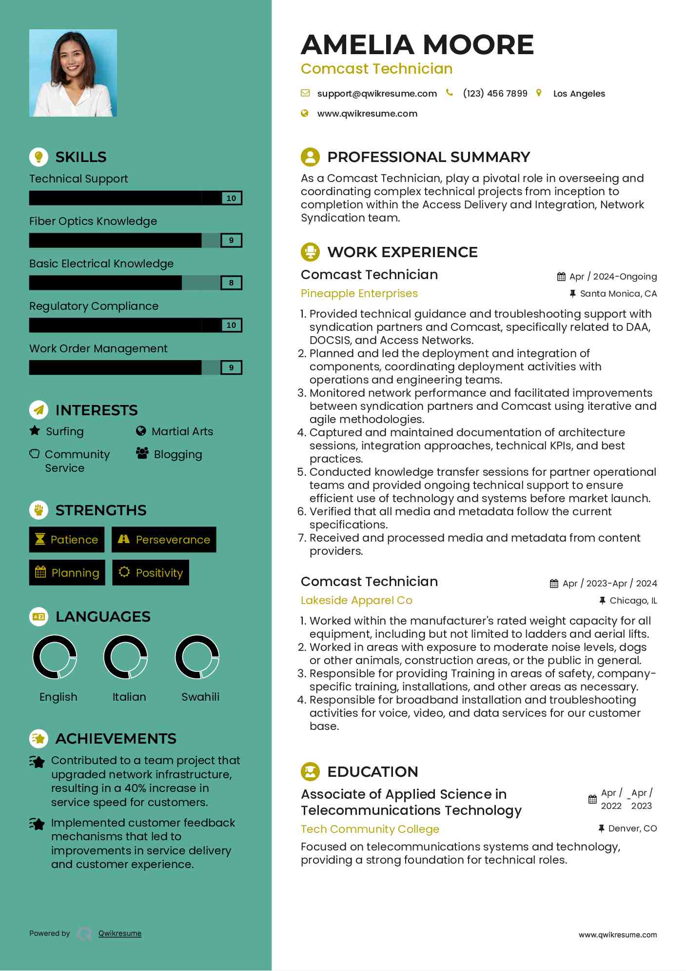 Comcast Technician Resume Sample