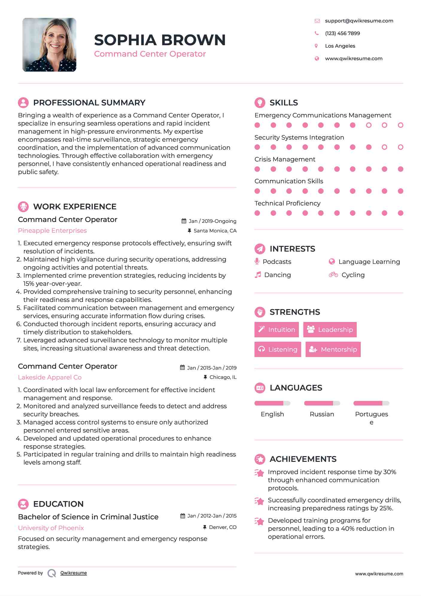 Command Center Operator Resume Sample