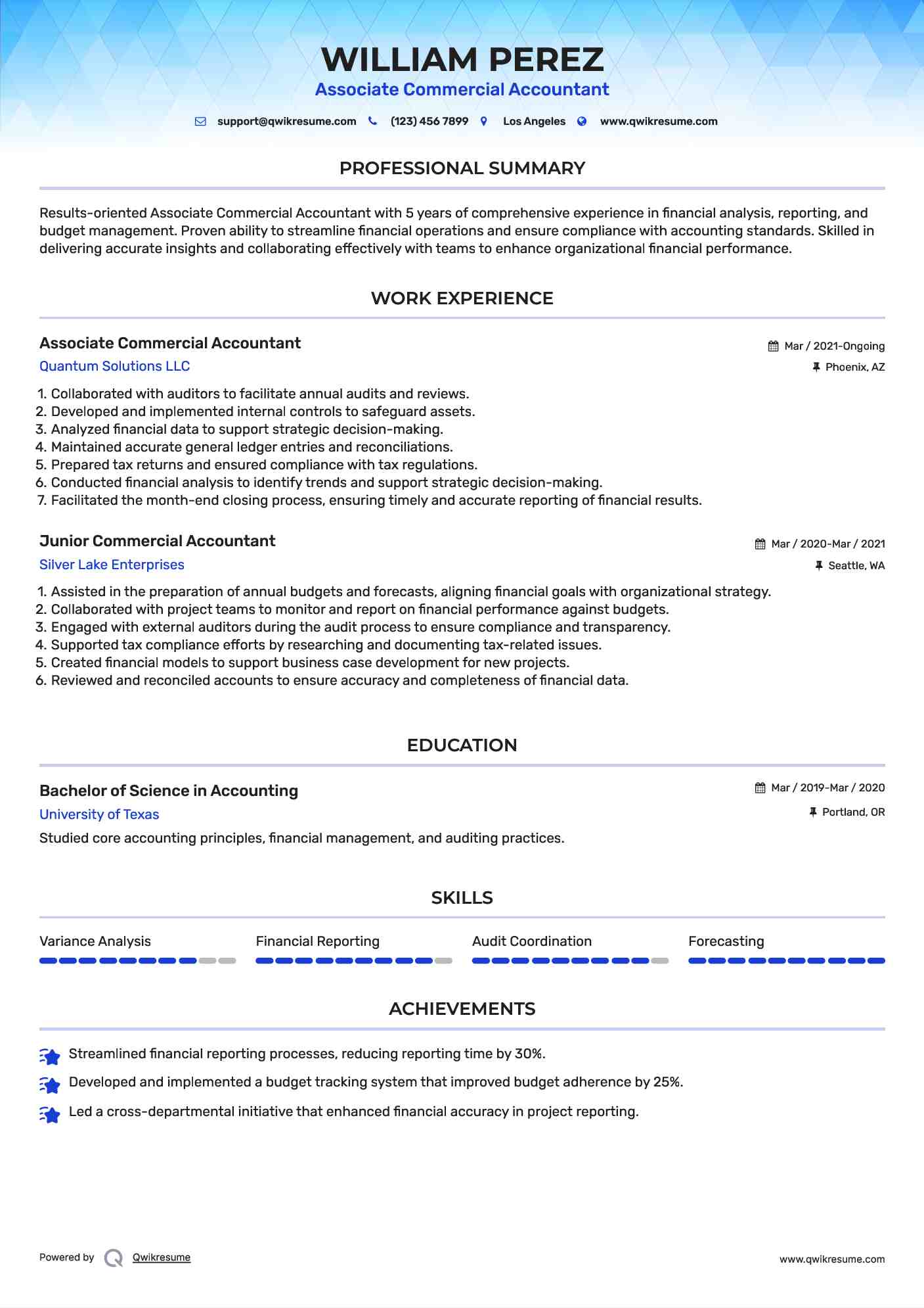 Associate Commercial Accountant Resume Model