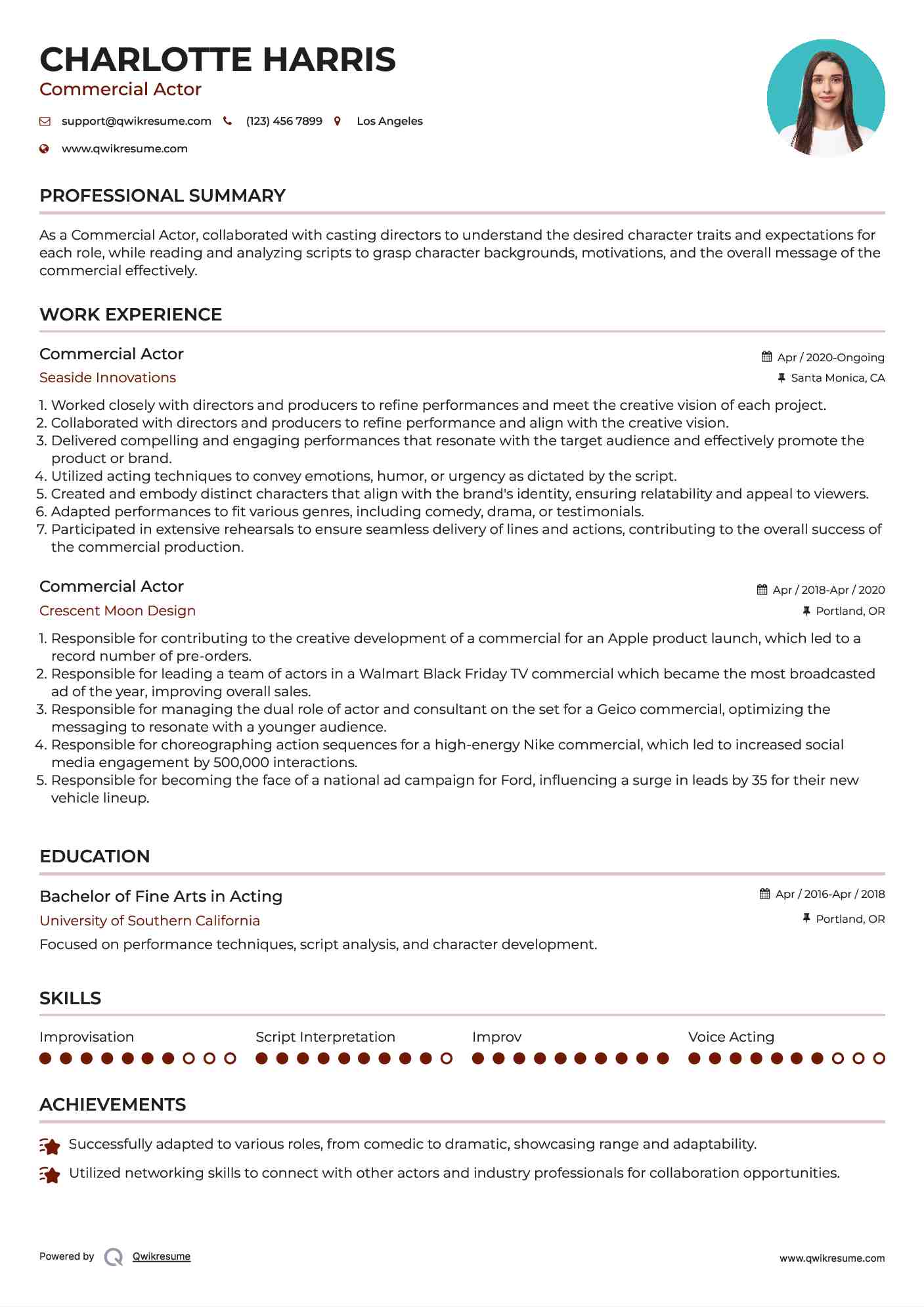 Commercial Actor Resume Sample