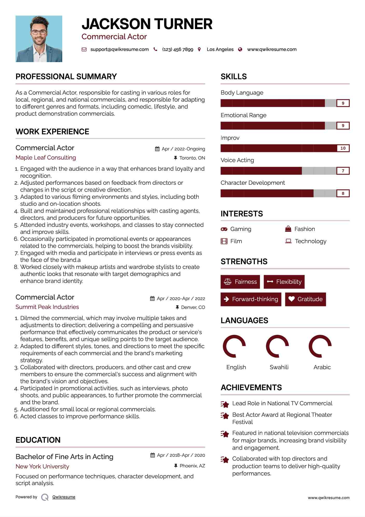 Commercial Actor Resume Template