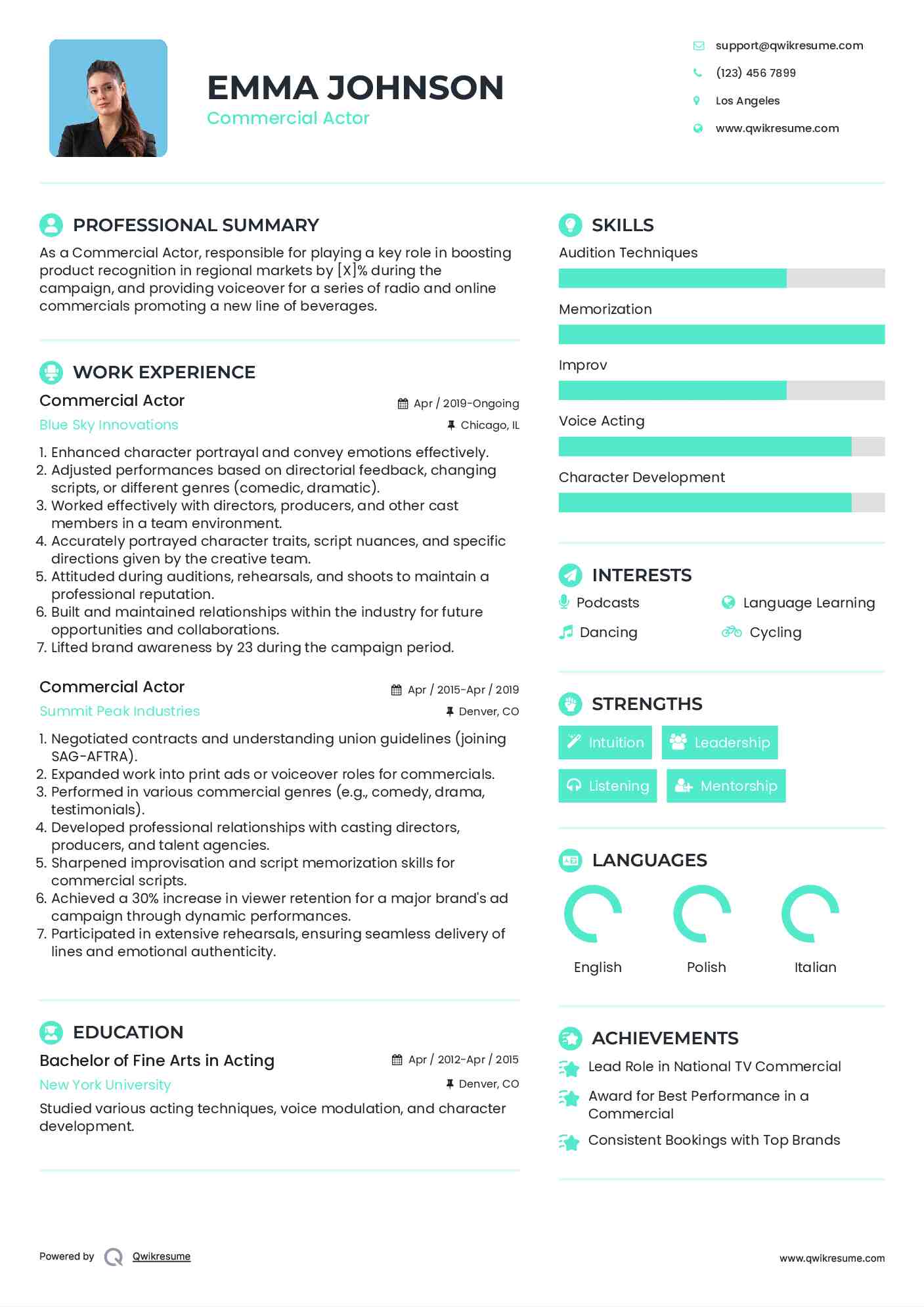 Commercial Actor Resume Model
