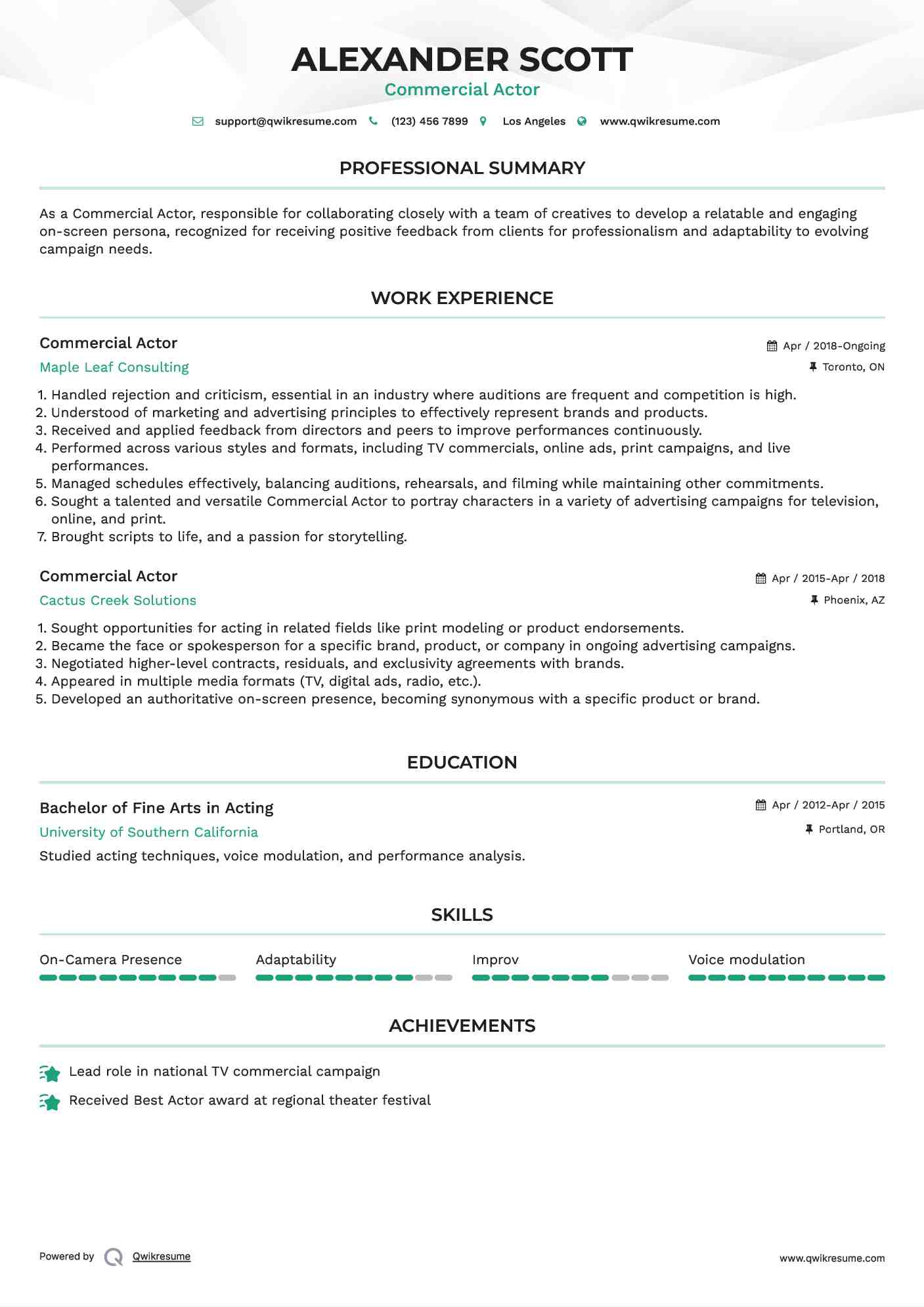 Commercial Actor Resume Format