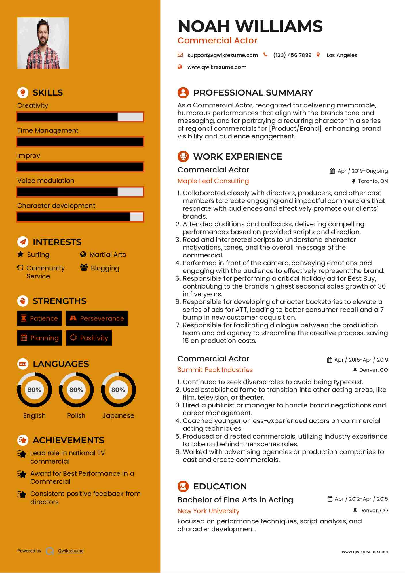 Commercial Actor Resume Model