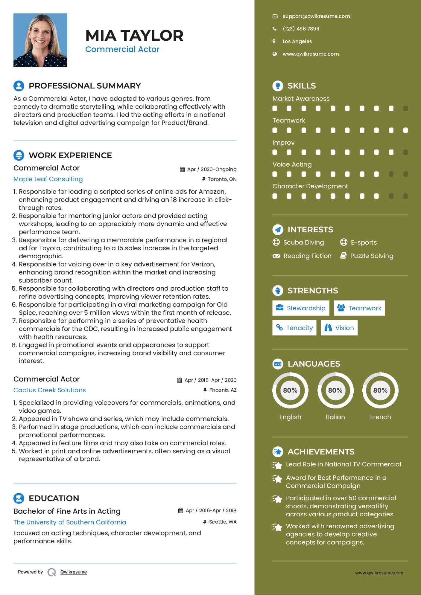 Commercial Actor Resume Example