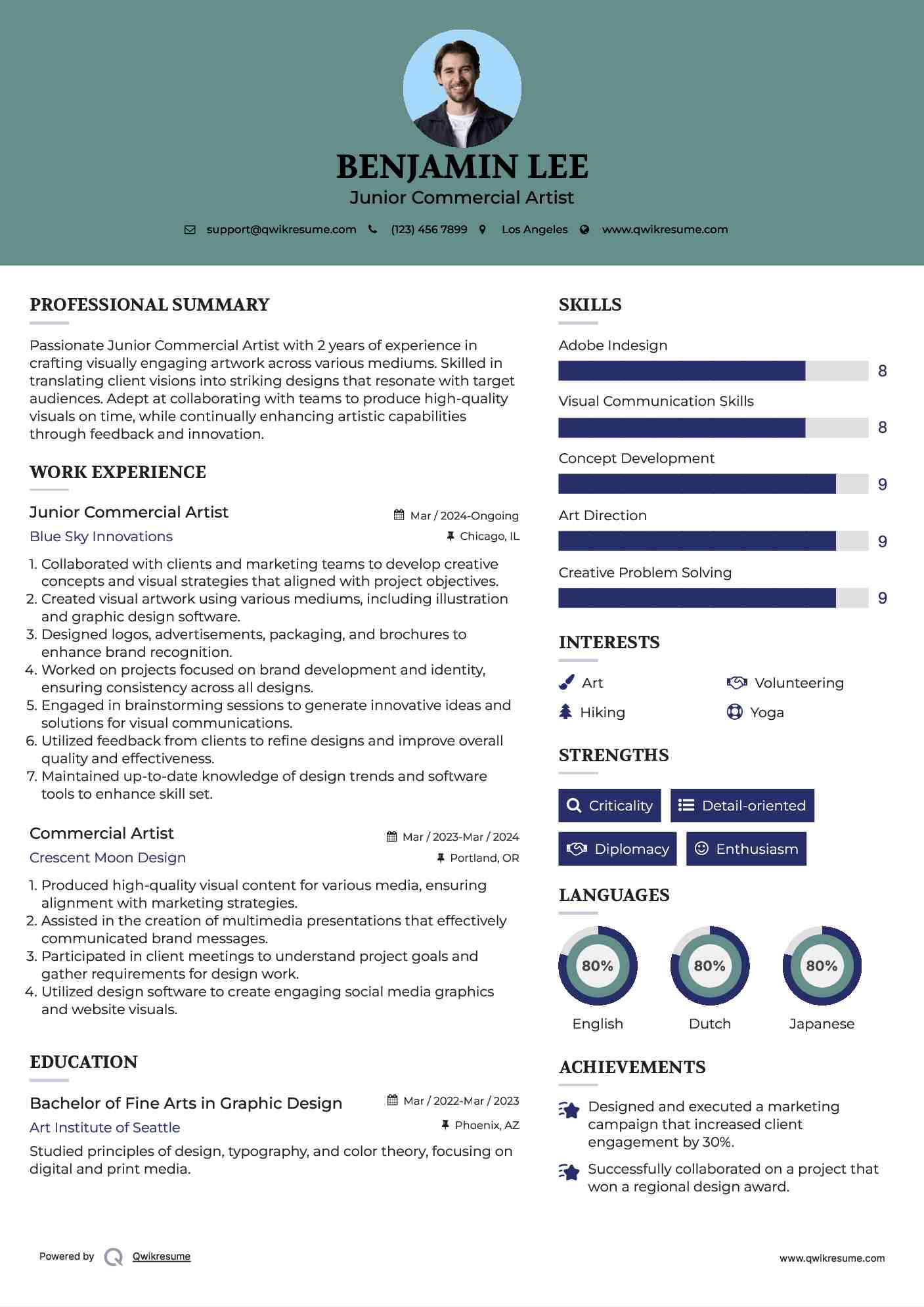 Junior Commercial Artist Resume Example
