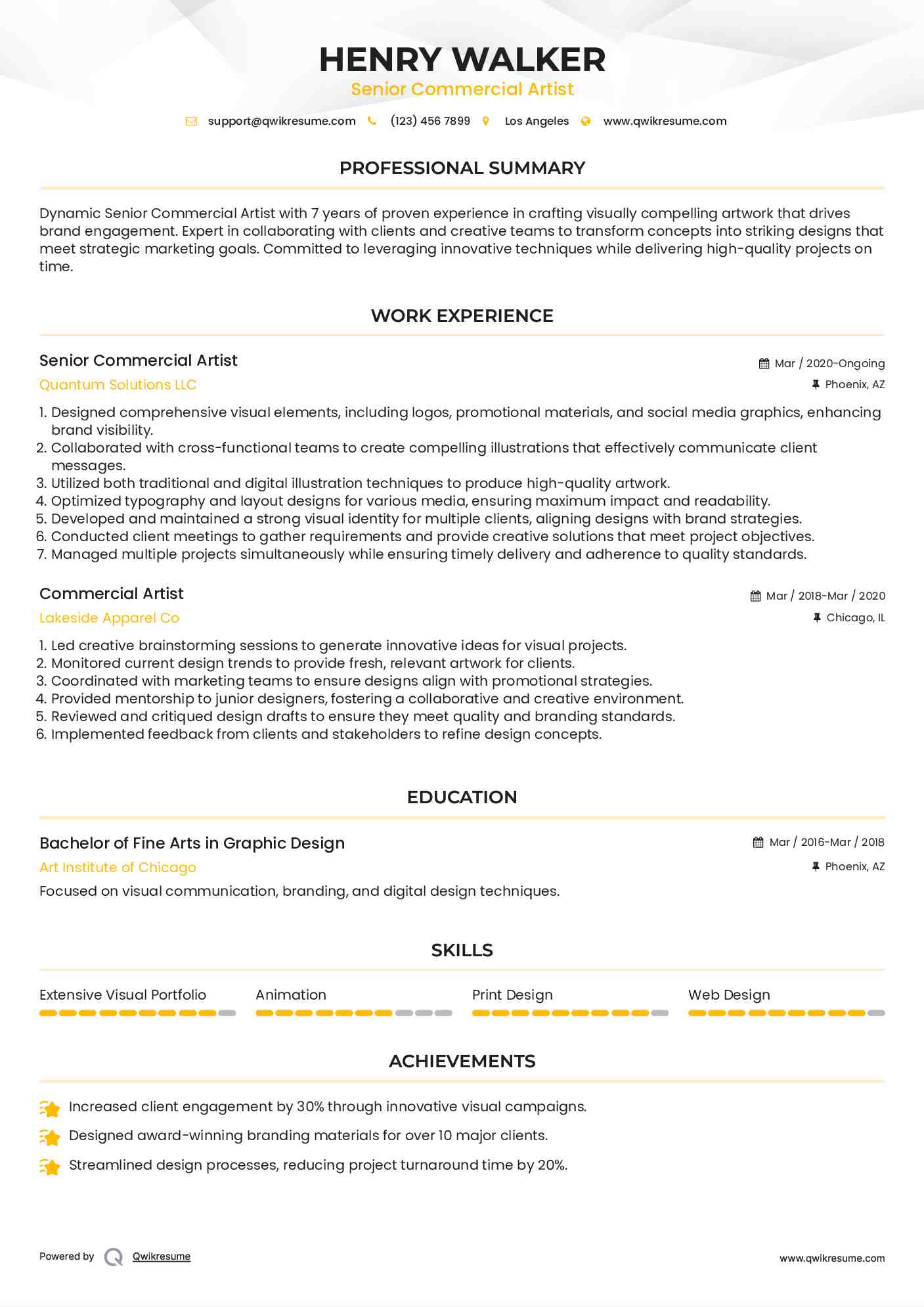 Senior Commercial Artist Resume Sample
