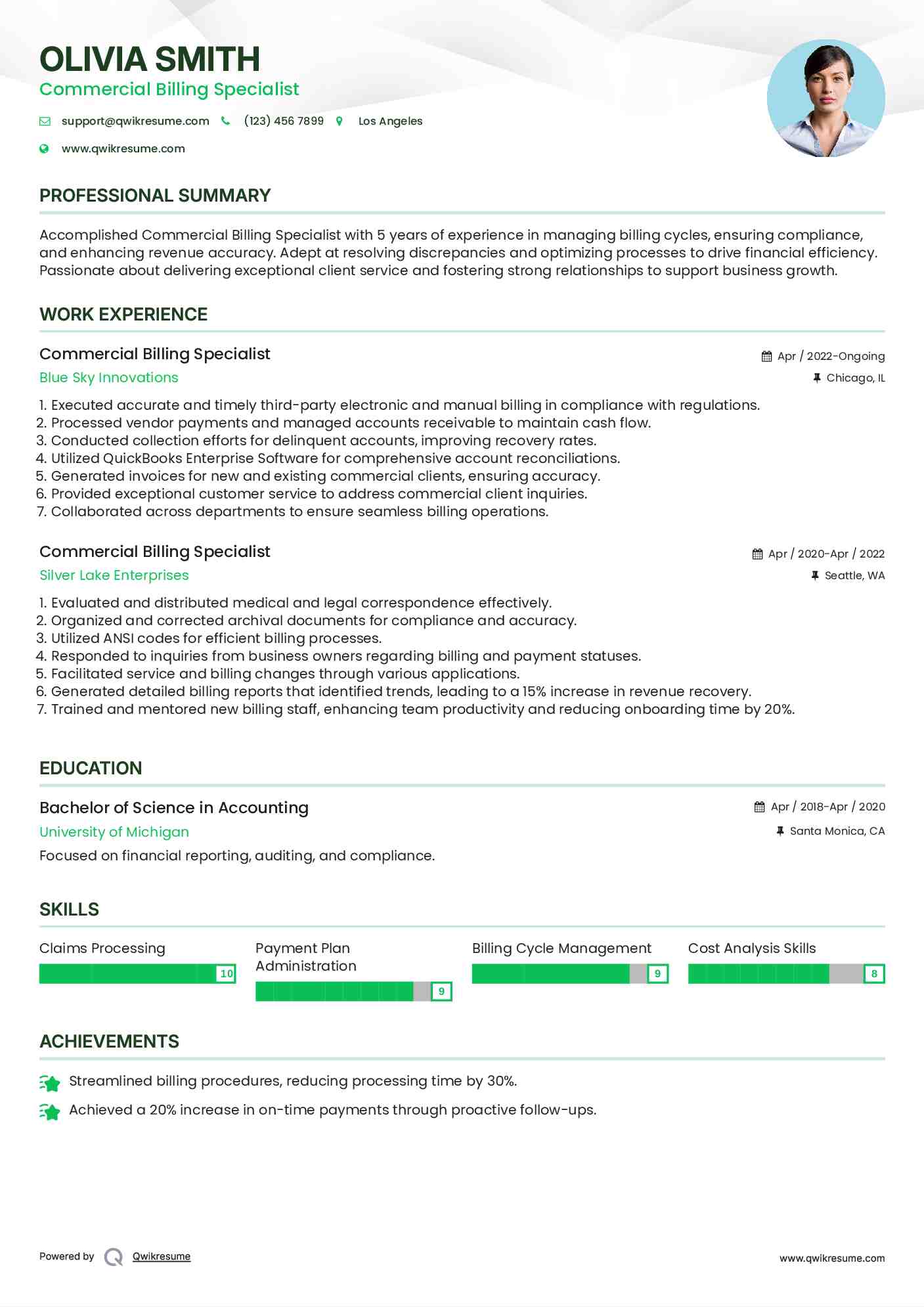Commercial Billing Specialist Resume Format