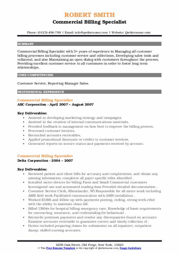 Commercial Billing Specialist Resume - Commercial Billing Specialist 1652709097 Pdf 