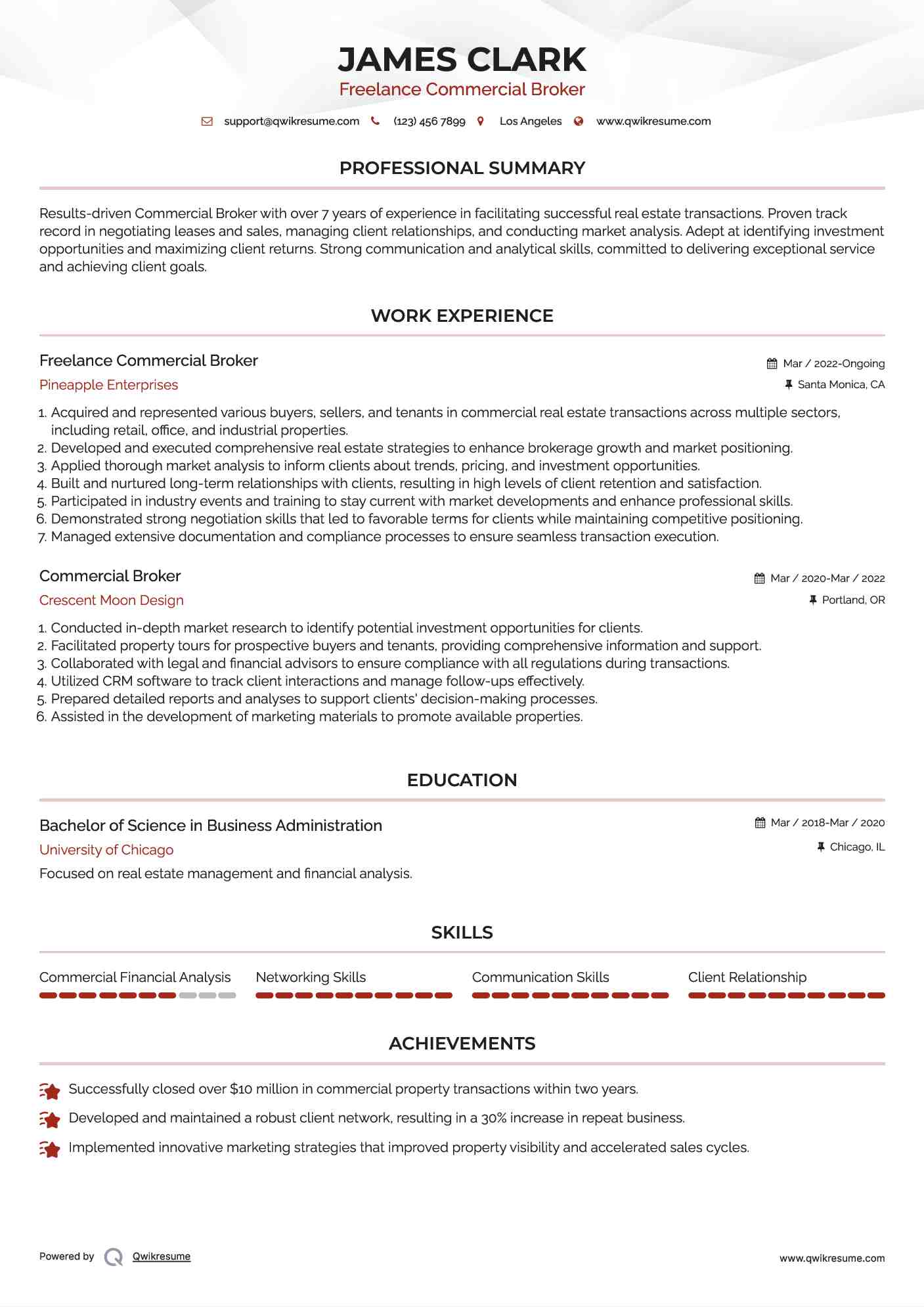 Freelance Commercial Broker Resume Format