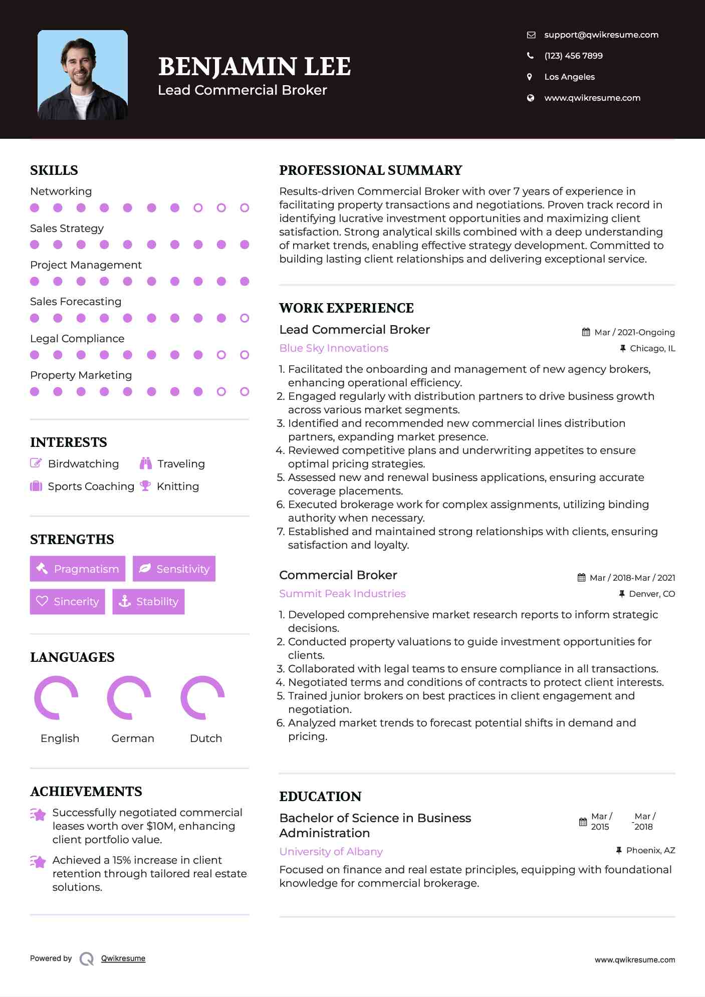 Lead Commercial Broker Resume Example