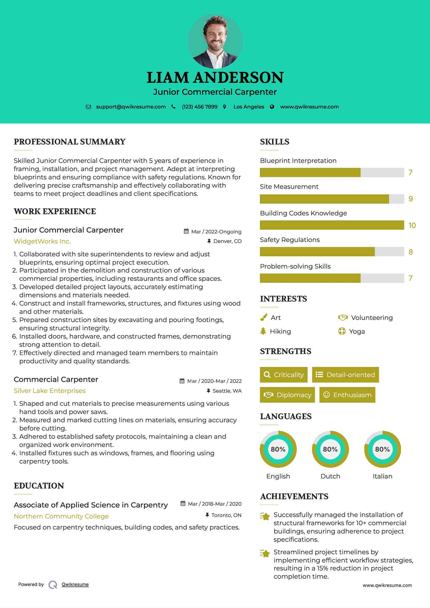 Junior Commercial Carpenter  Resume Template